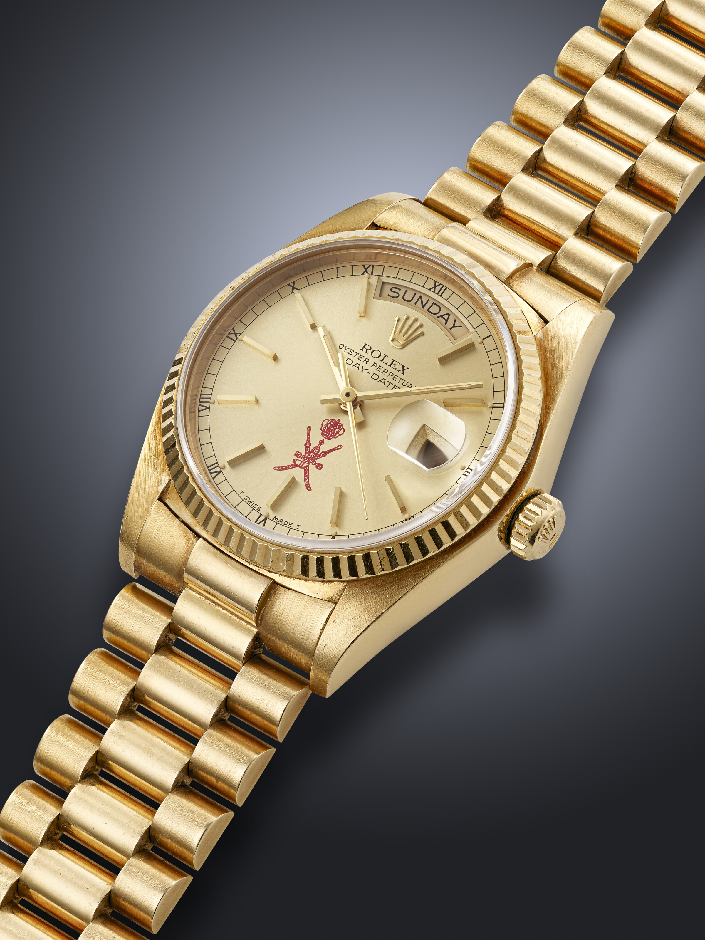 ROLEX, YELLOW GOLD 'DAY-DATE', WITH RED KHANJAR SYMBOL, REF. 18038