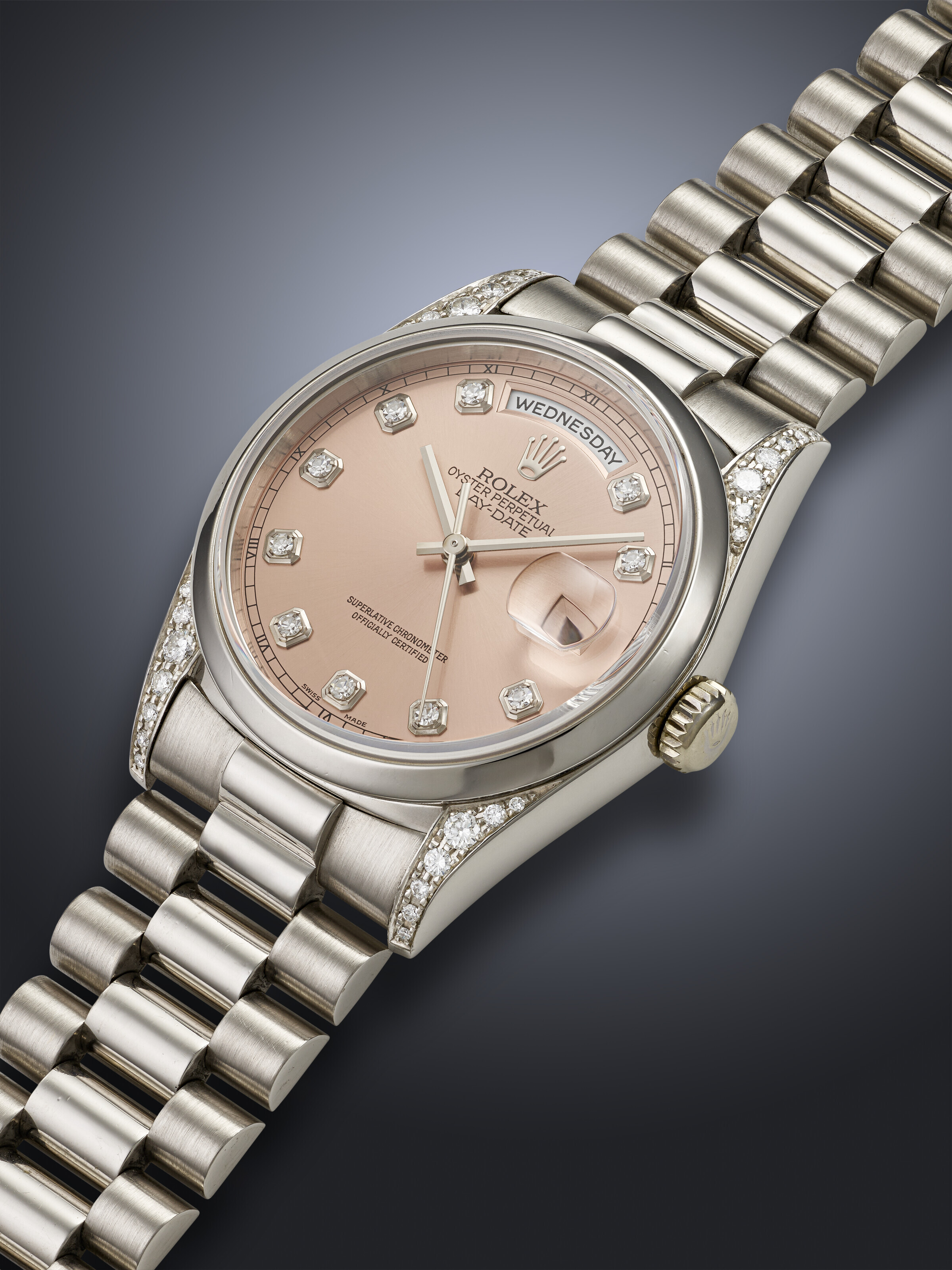 ROLEX, RARE PLATINUM AND DIAMOND-SET 'DAY-DATE' WITH SALMON DIAL