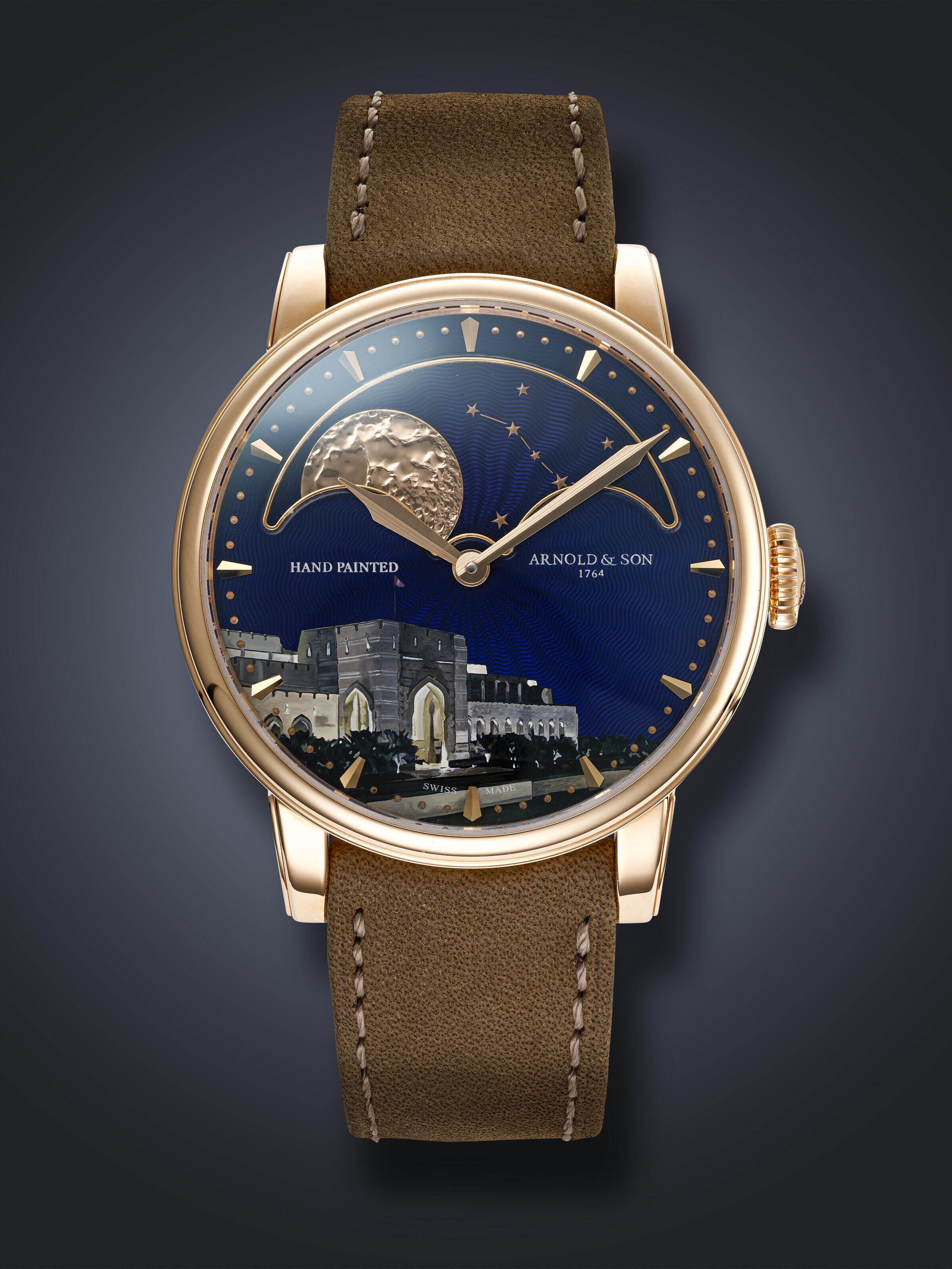 ARNOLD & SON, UNIQUE RED GOLD 'PERPETUAL MOONPHASE', WITH HAND-PAINTED ...