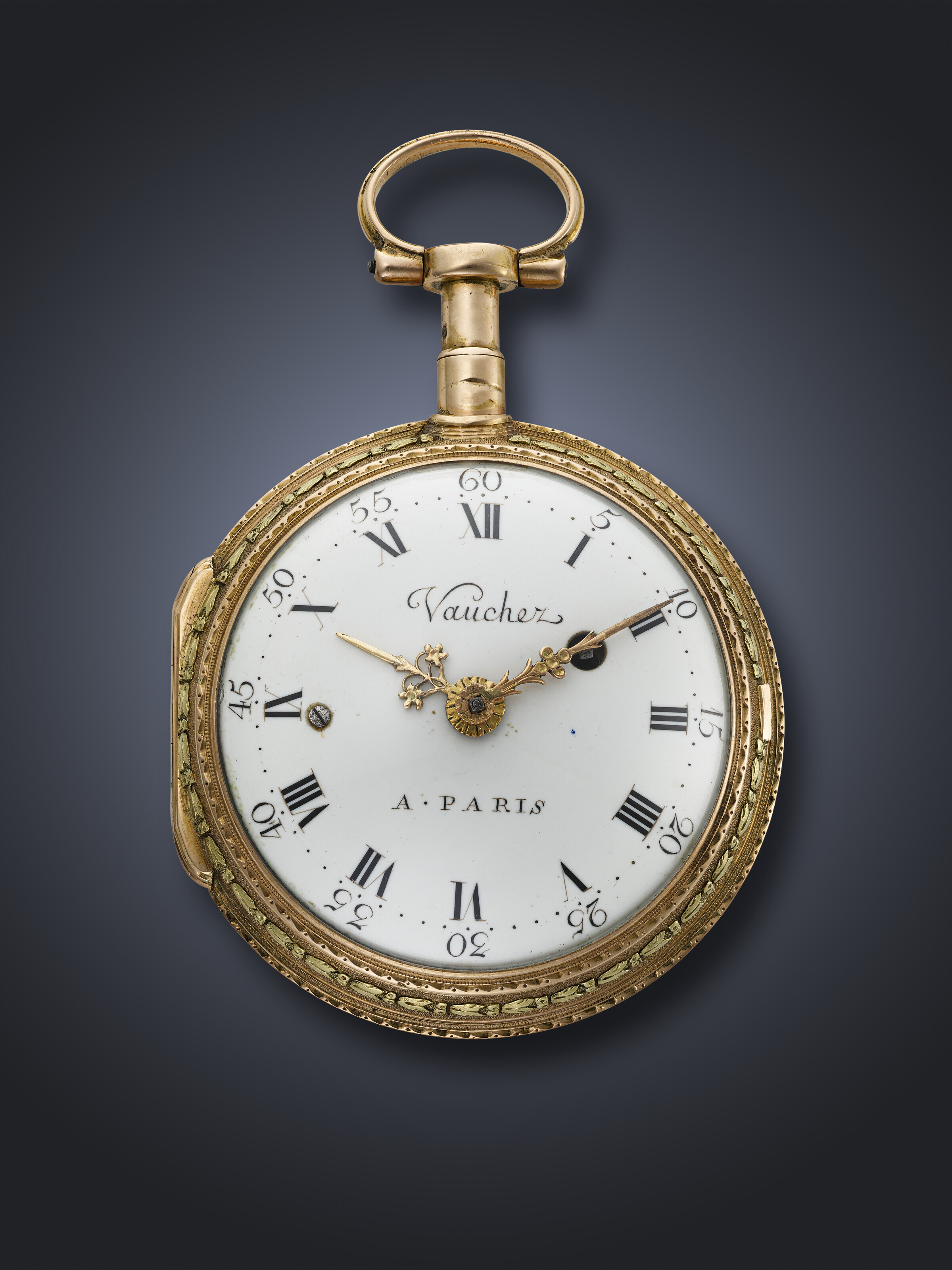 VAUCHEZ A PARIS, YELLOW GOLD AND ENAMEL QUARTER REPEATER VERGE OPENFACE  POCKET WATCH
