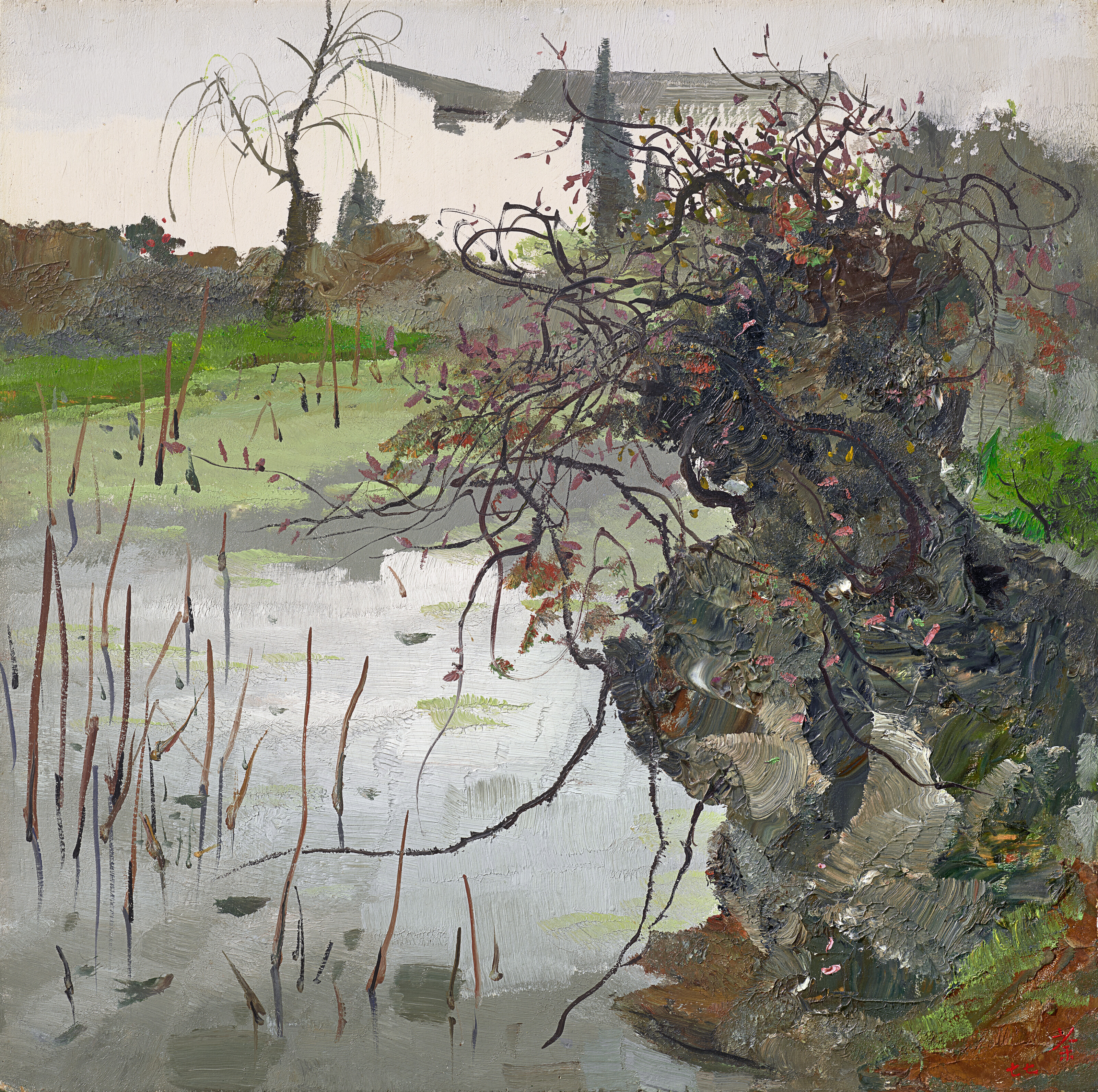 Wu Guanzhong (1919-2010), A Corner of a Garden (By the Lake), 1977. Oil on board. 45.4 x 45.4 cm (17⅞ x 17⅞ in). Sold for HK$14,895,000 on 28 May 2023 at Christie’s in Hong Kong
