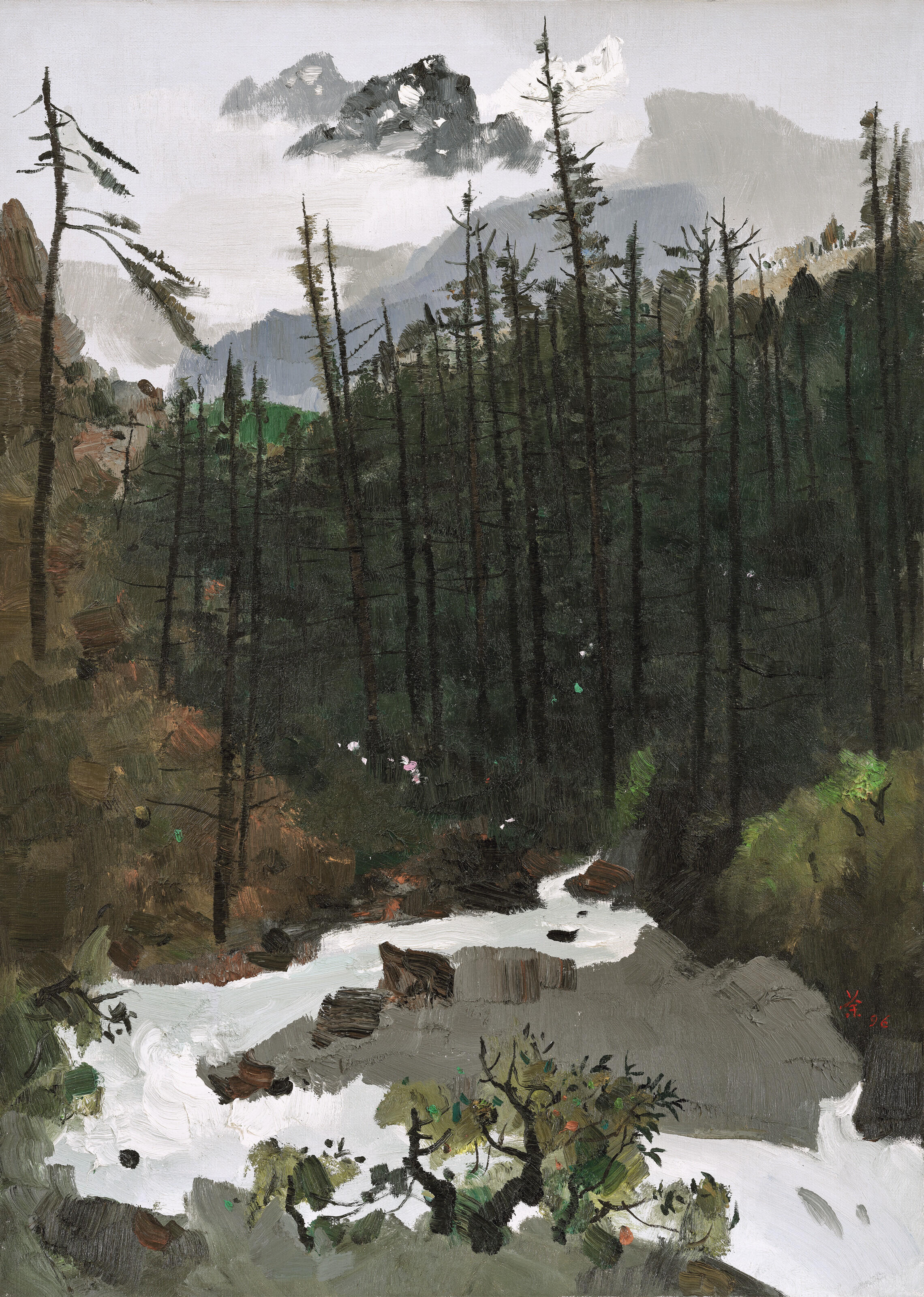 Wu Guanzhong (1919-2010), The Yulong Mountains after Rain, 1996. Oil on canvas. 91.4 x 65.2 cm (36 x 25⅞ in)
