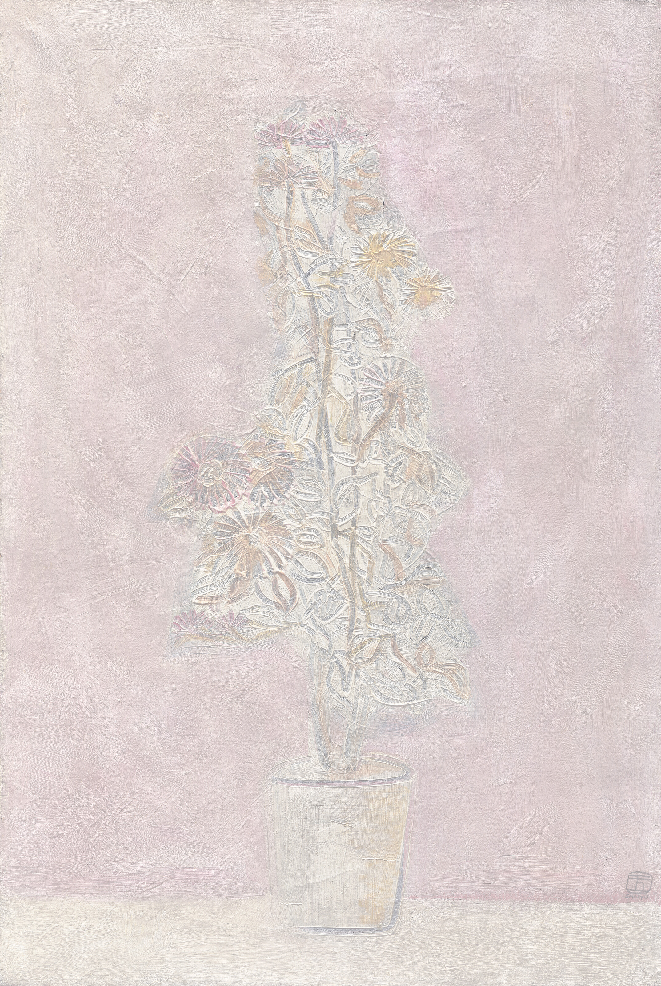 Vase blanc, fleurs blanches, fond rose (White Pot, White Flowers, Pink Background)