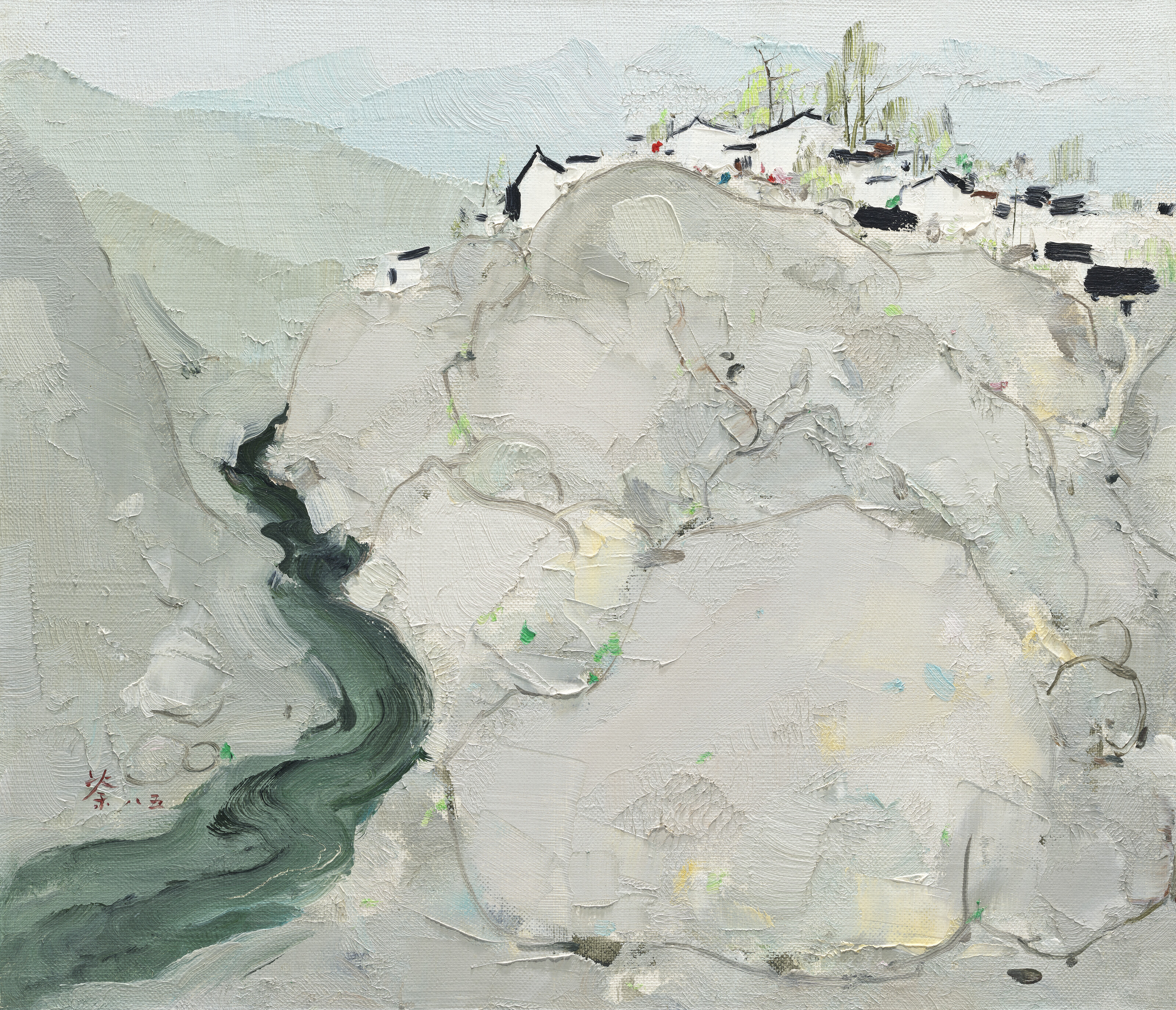 Wu Guanzhong (1919-2010), Households Alongside the Wu River, 1985. Oil on canvas. 45.8 x 53 cm (18 x 20⅞ in). Sold for HK$7,560,000 on 29 May 2023 at Christie’s in Hong Kong