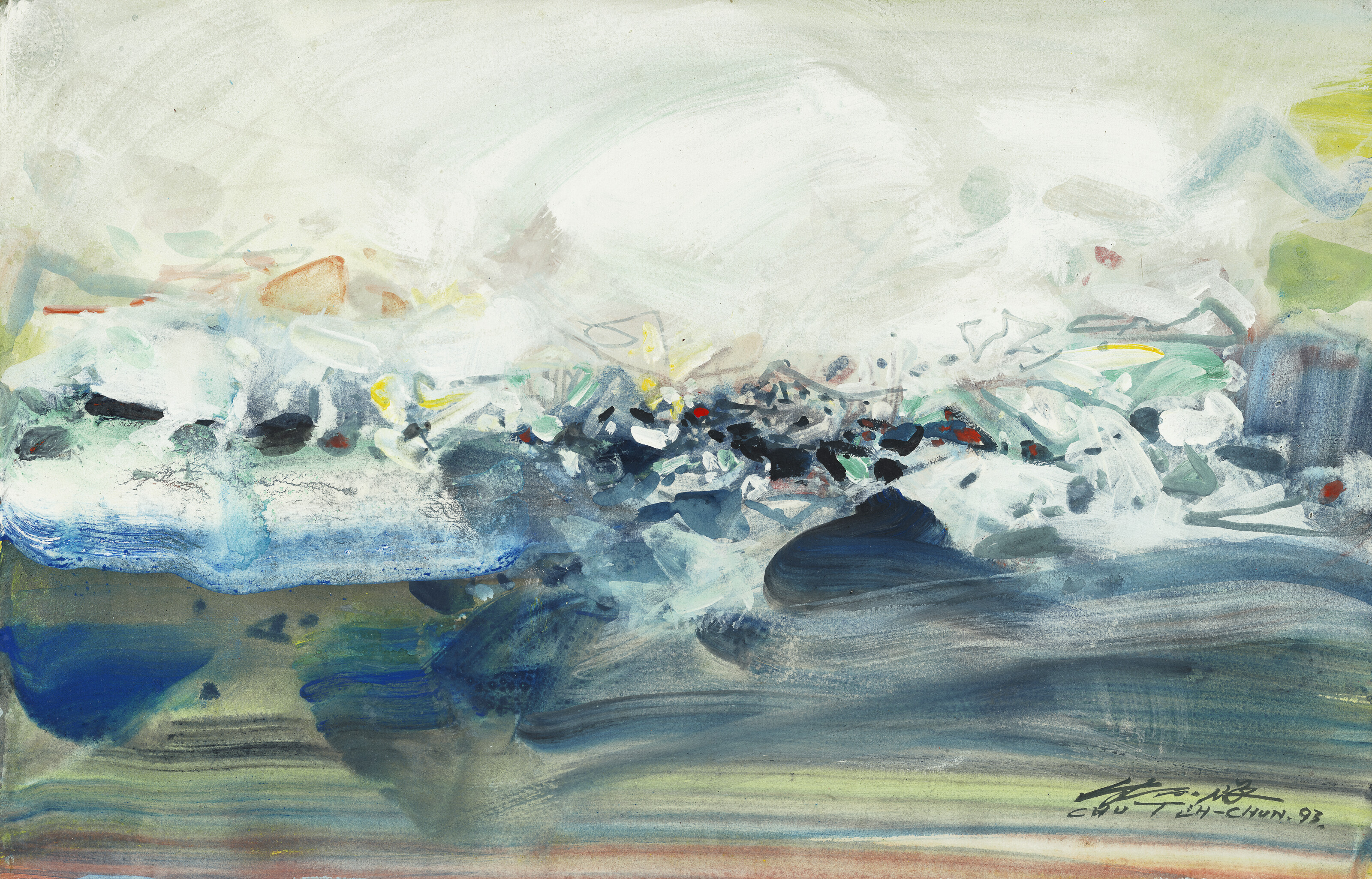 Chu Teh-Chun (Zhu Dequn, 1920-2014), T13, 1993. Acrylic on paper laid on canvas. 32.5 x 50 cm (12&frac34; x 19&frac12; in). Estimate: HK$300,000-600,000. Offered in 20th/21st Century Art Sale on 24 September 2023 at Christie&rsquo;s in Hong Kong