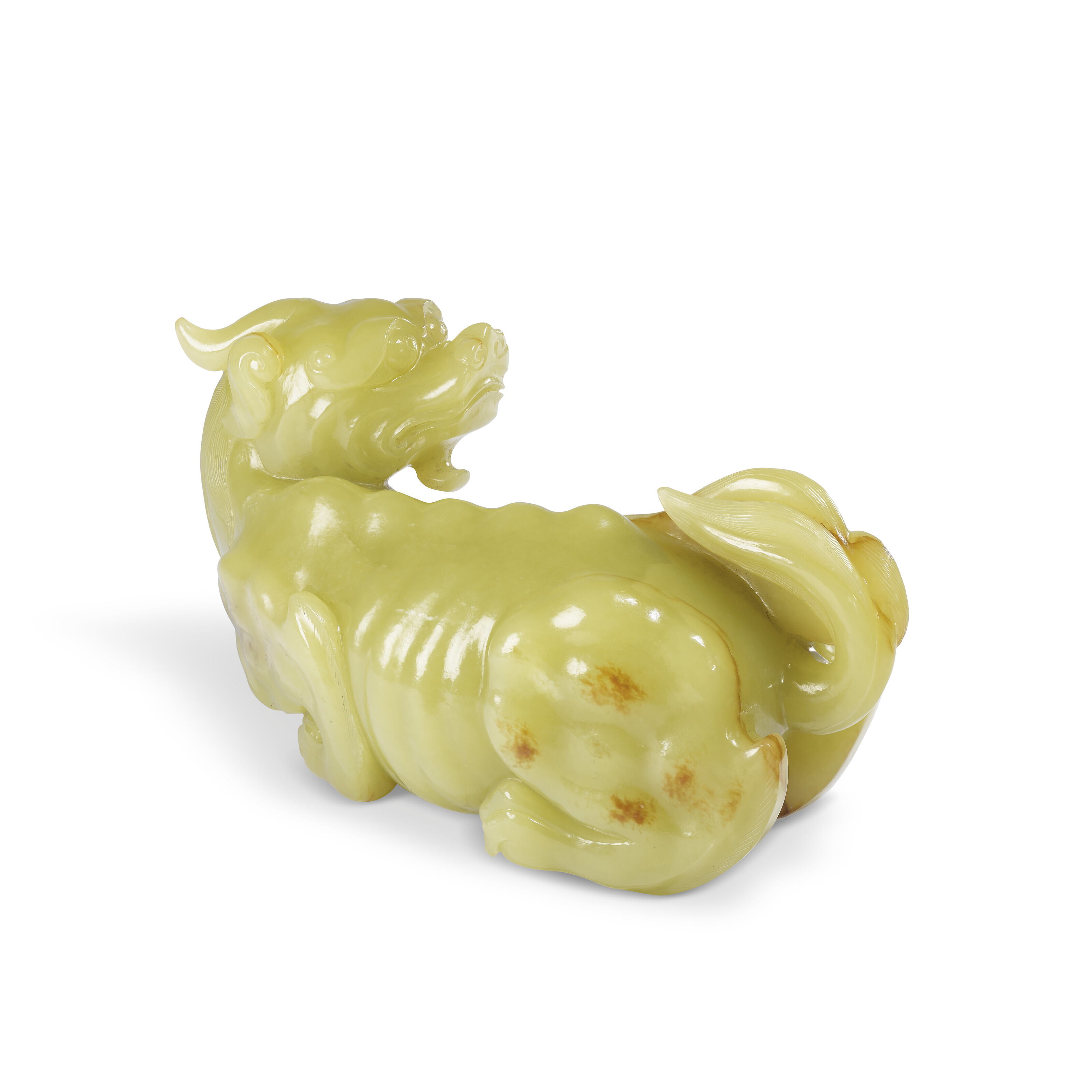 A VERY RARE LARGE YELLOW JADE CARVING OF A XIEZHI, QIANLONG PERIOD