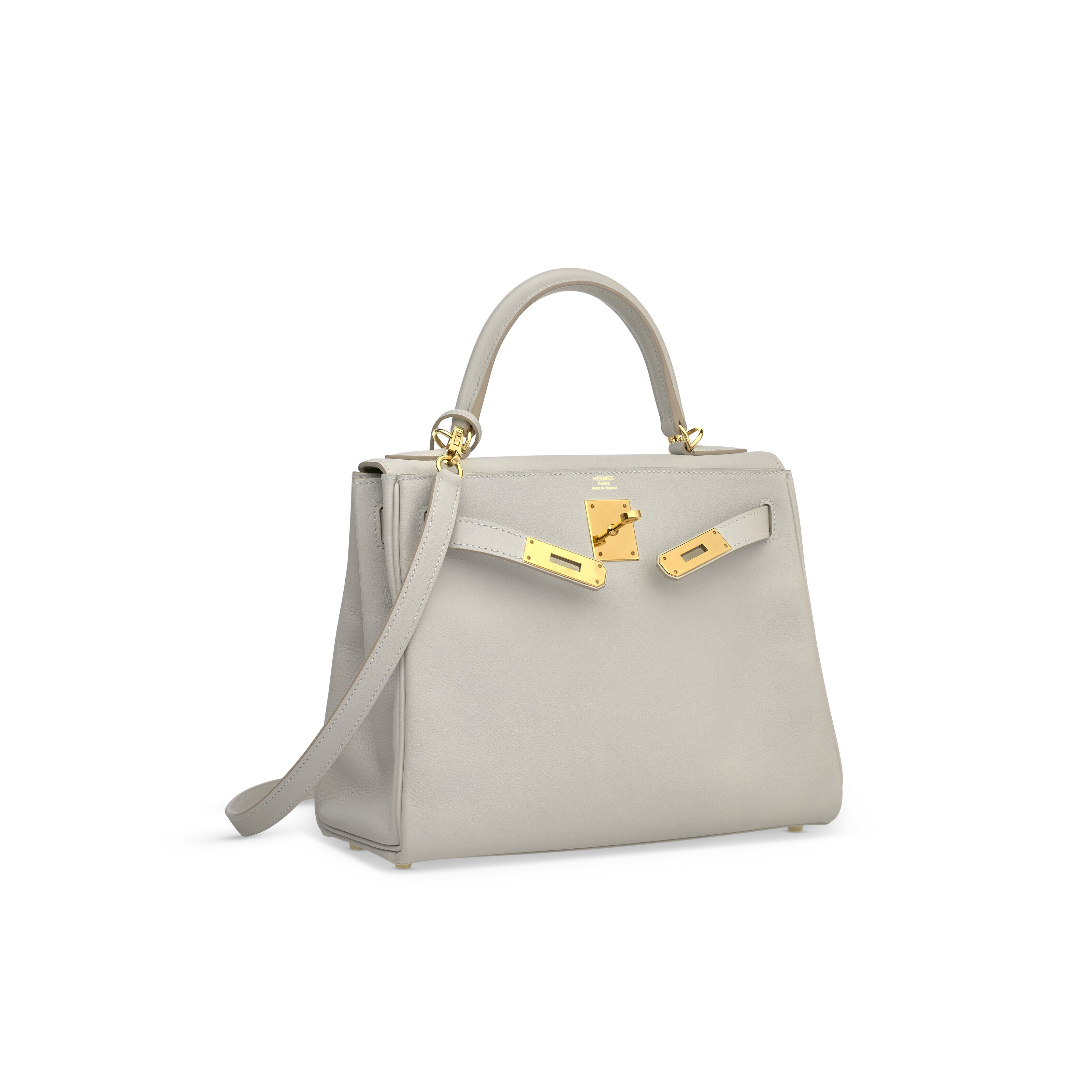 A GRIS PERLE EVERCOLOR LEATHER RETOURNÉ KELLY 28 WITH GOLD