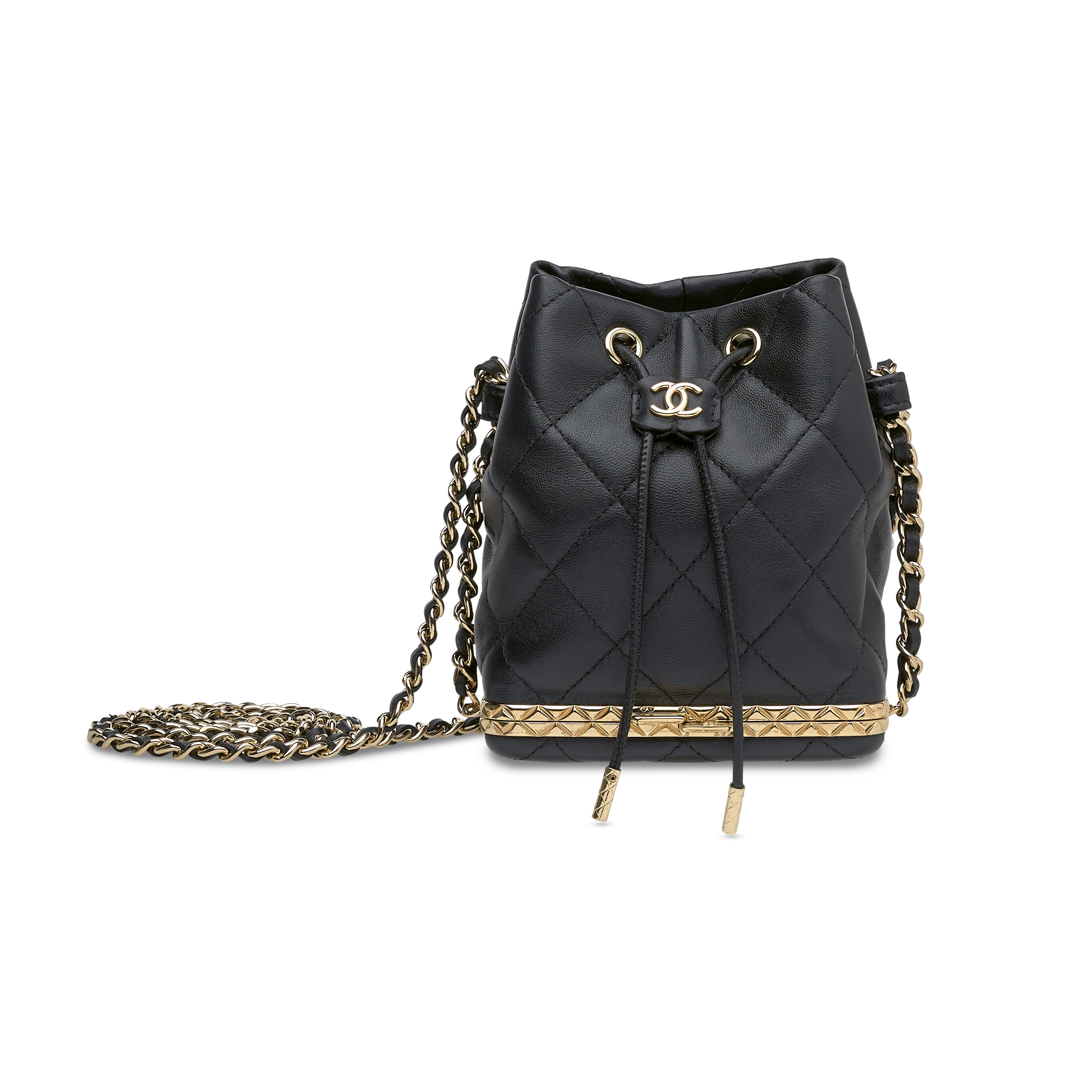A BLACK QUILTED LAMBSKIN LEATHER SMALL BUCKET BAG WITH GOLD