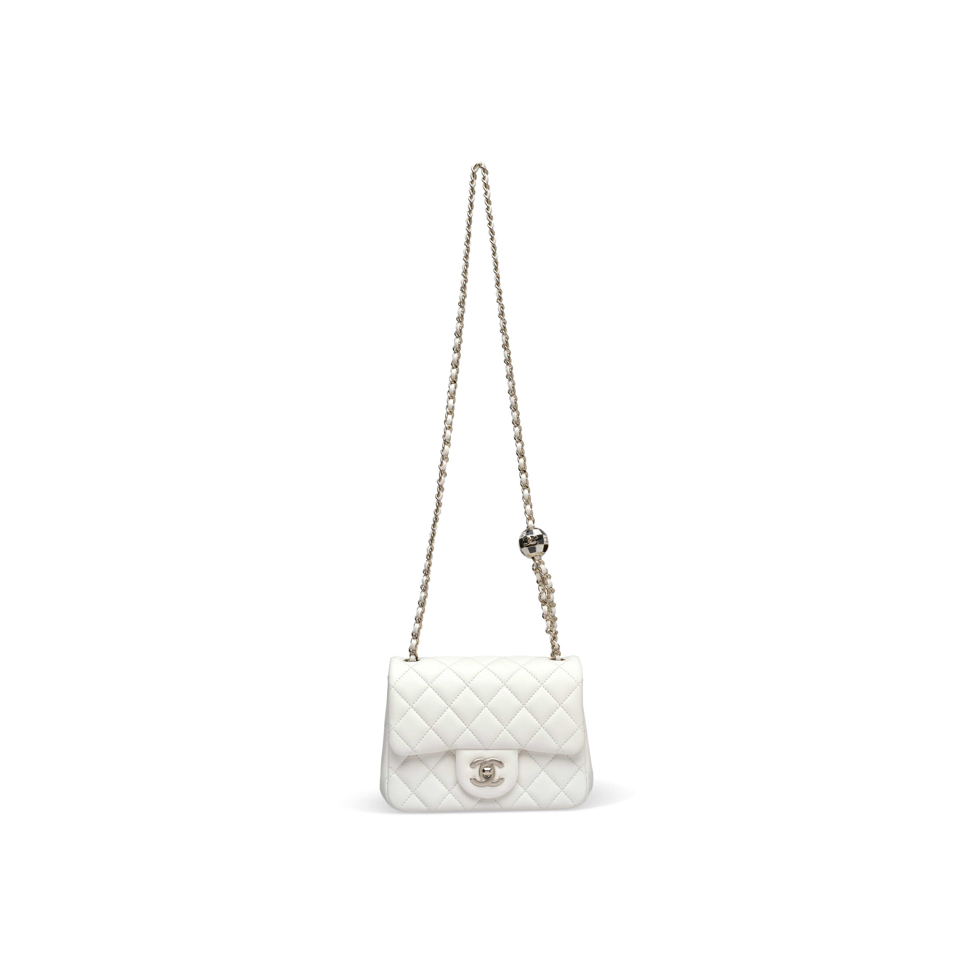 A WHITE QUILTED LAMBSKIN LEATHER PEARL CRUSH MINI FLAP BAG WITH