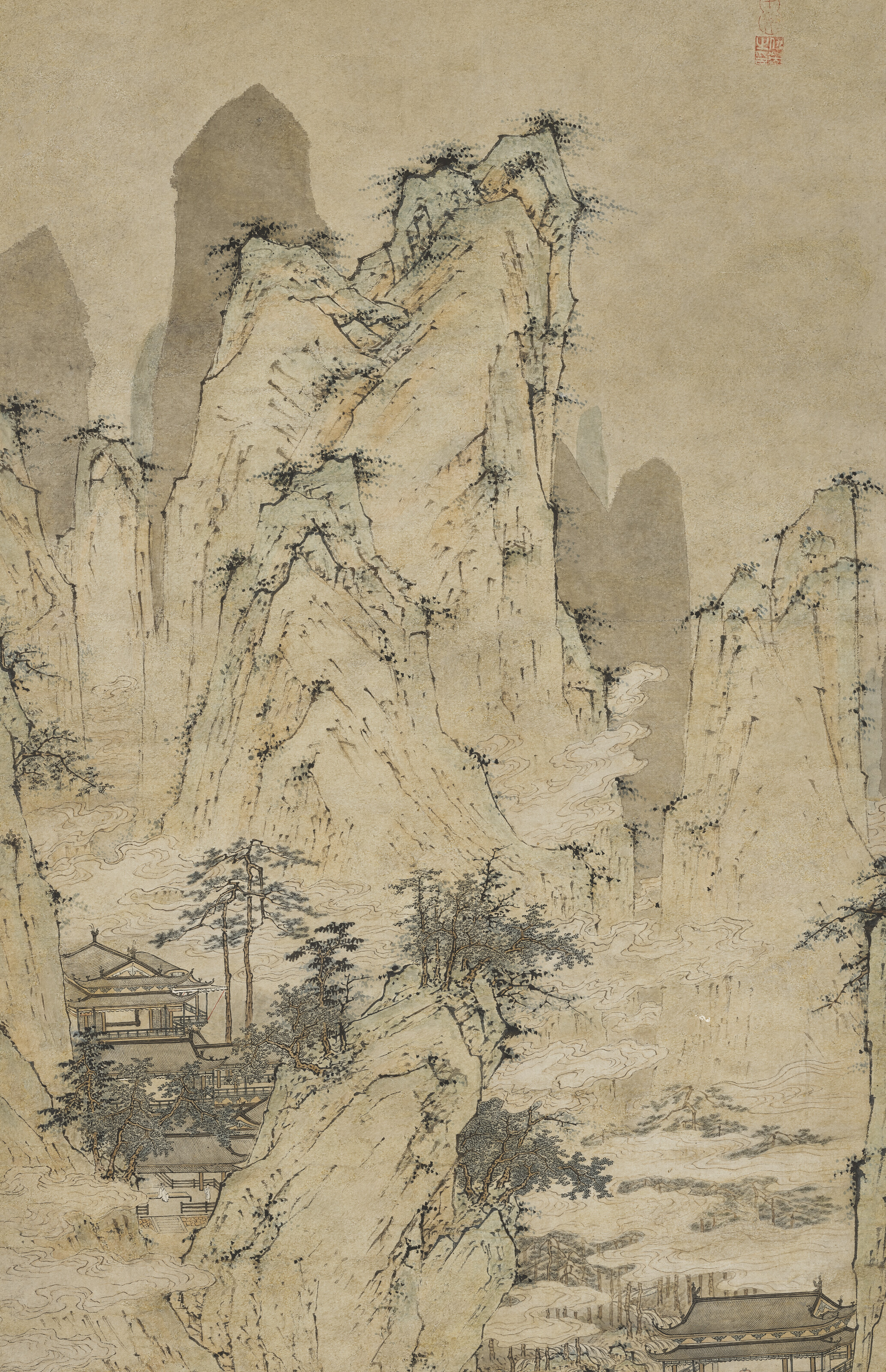 中国古美術 明代 仇英作款 山水風景 宣紙 水墨画 六尺中堂画 掛け軸 巻き物 中国古美術 明代 仇英作款 山水風景 宣紙 水墨画 六尺中堂画