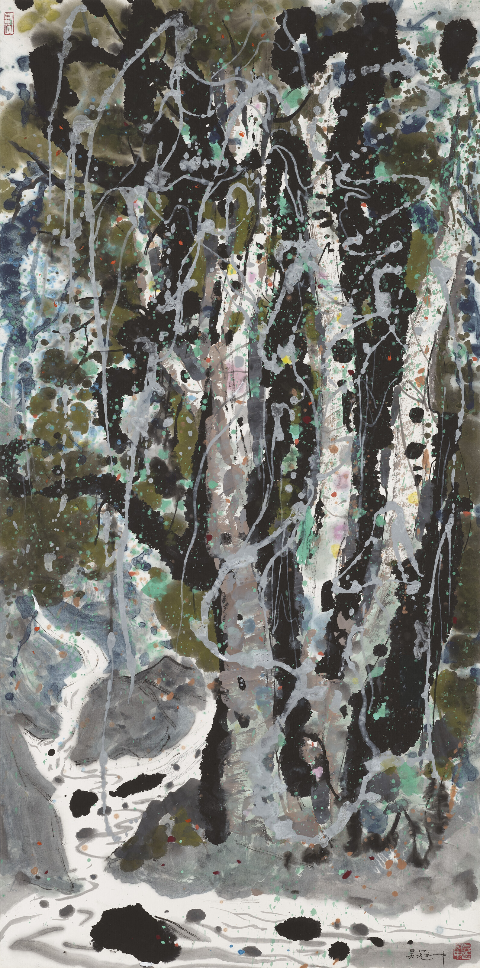 Wu Guanzhong (1919-2010), Woods and a Spring. Scroll, mounted and framed, ink and colour on paper. 136.3 x 67.3 cm (53⅜ x 26&frac12; in). Sold for HK$14,895,000 on 31 May 2023 at Christie’s in Hong Kong