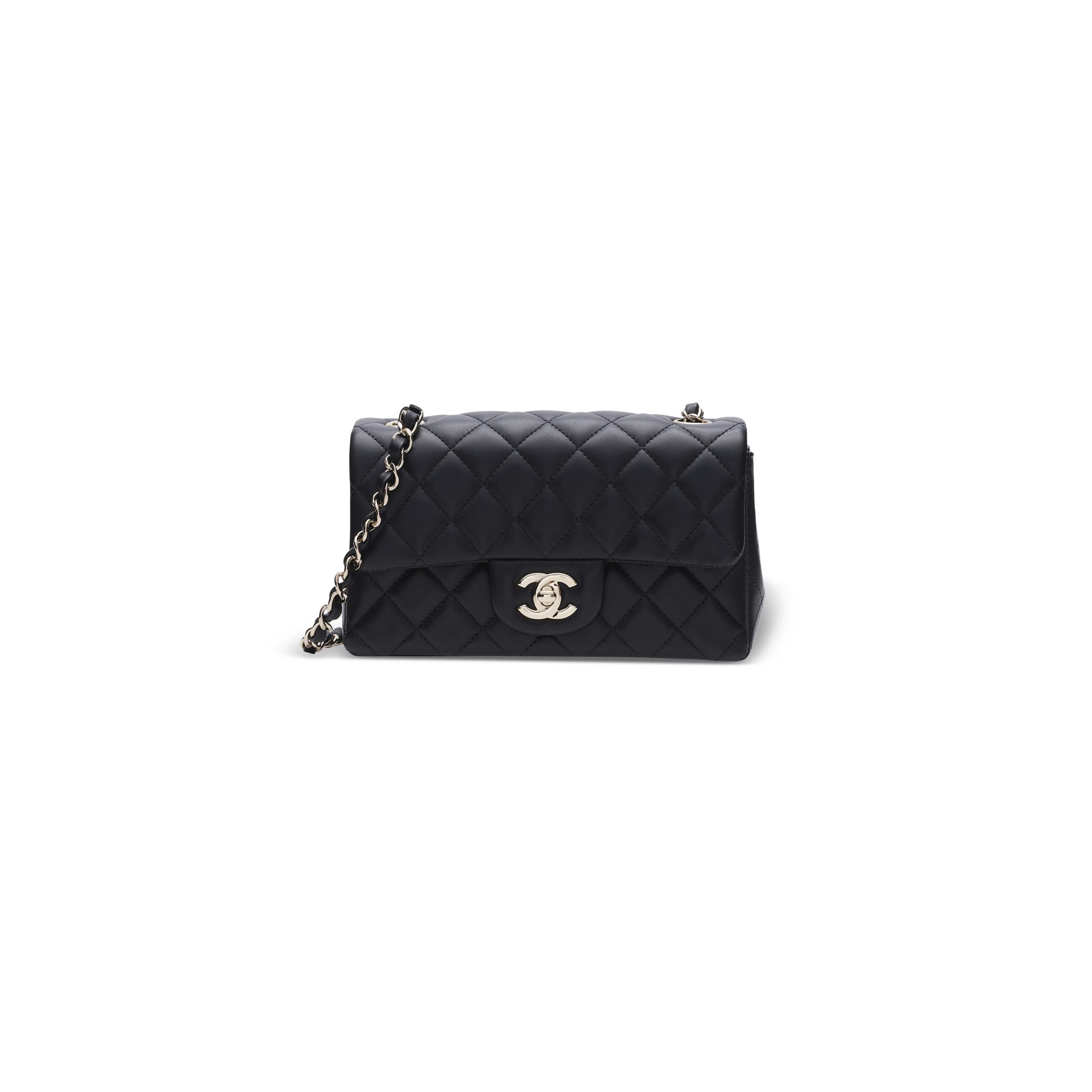 A BLACK QUILTED CALFSKIN LEATHER MINI RECTANGULAR CLASSIC FLAP BAG WITH ...