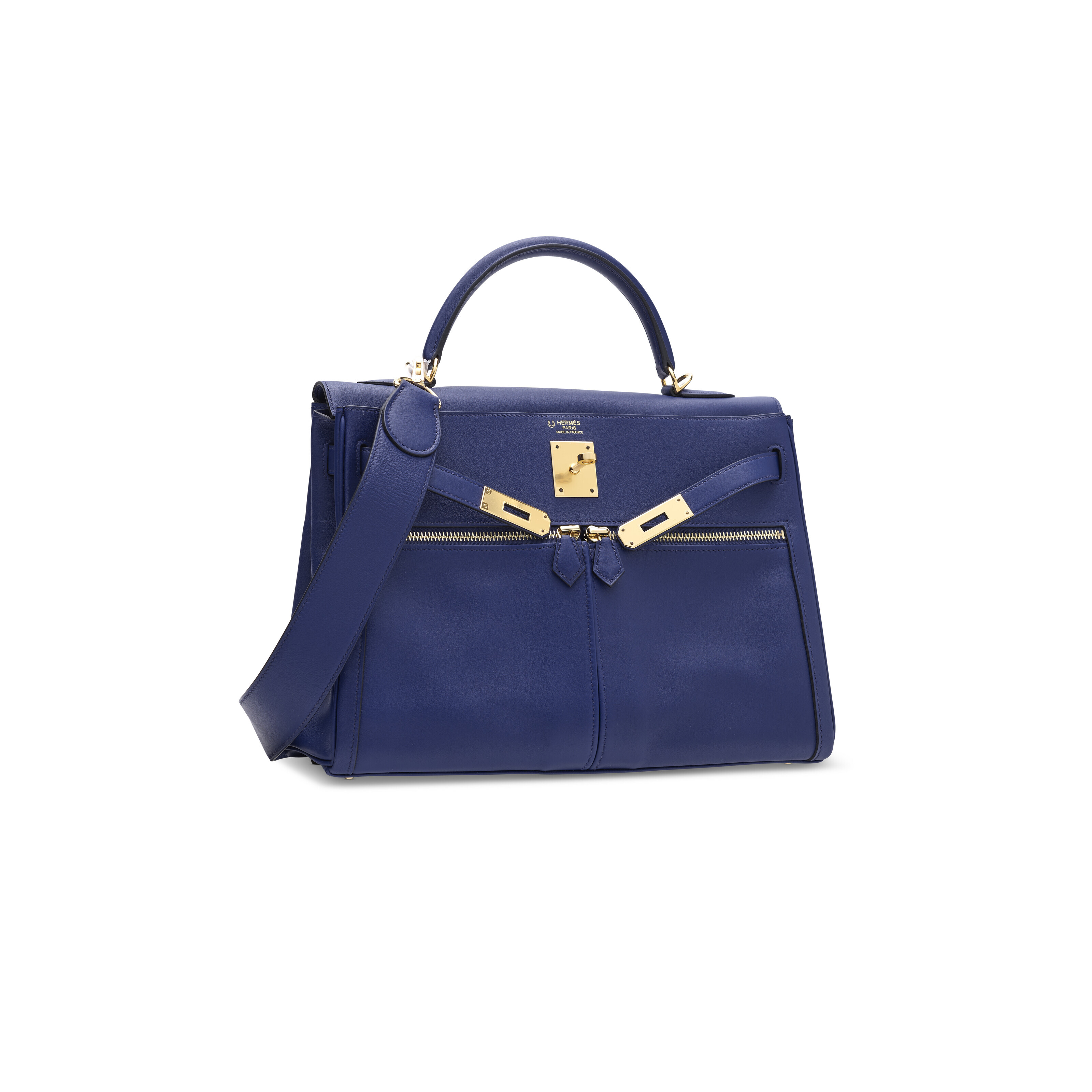 A CUSTOM BLEU SAPHIR SWIFT LEATHER KELLY LAKIS 32 WITH GOLD