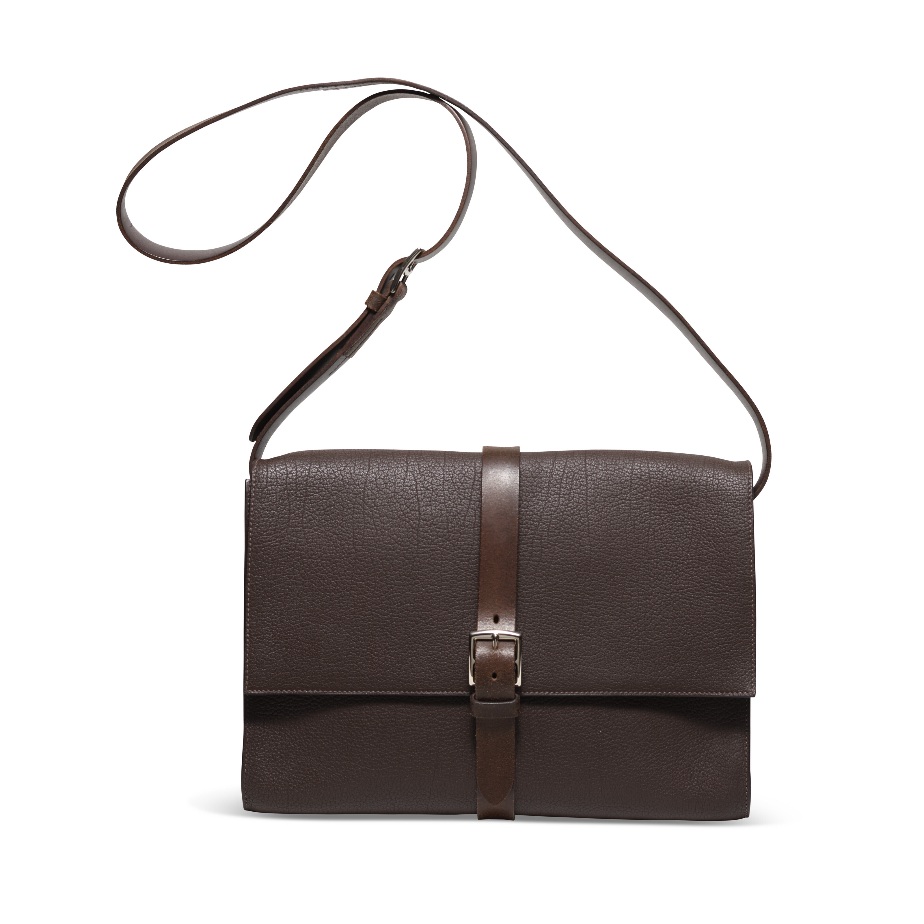 A CACAO FJORD LEATHER ETRIVIERE MESSENGER BAG WITH PALLADIUM HARDWARE