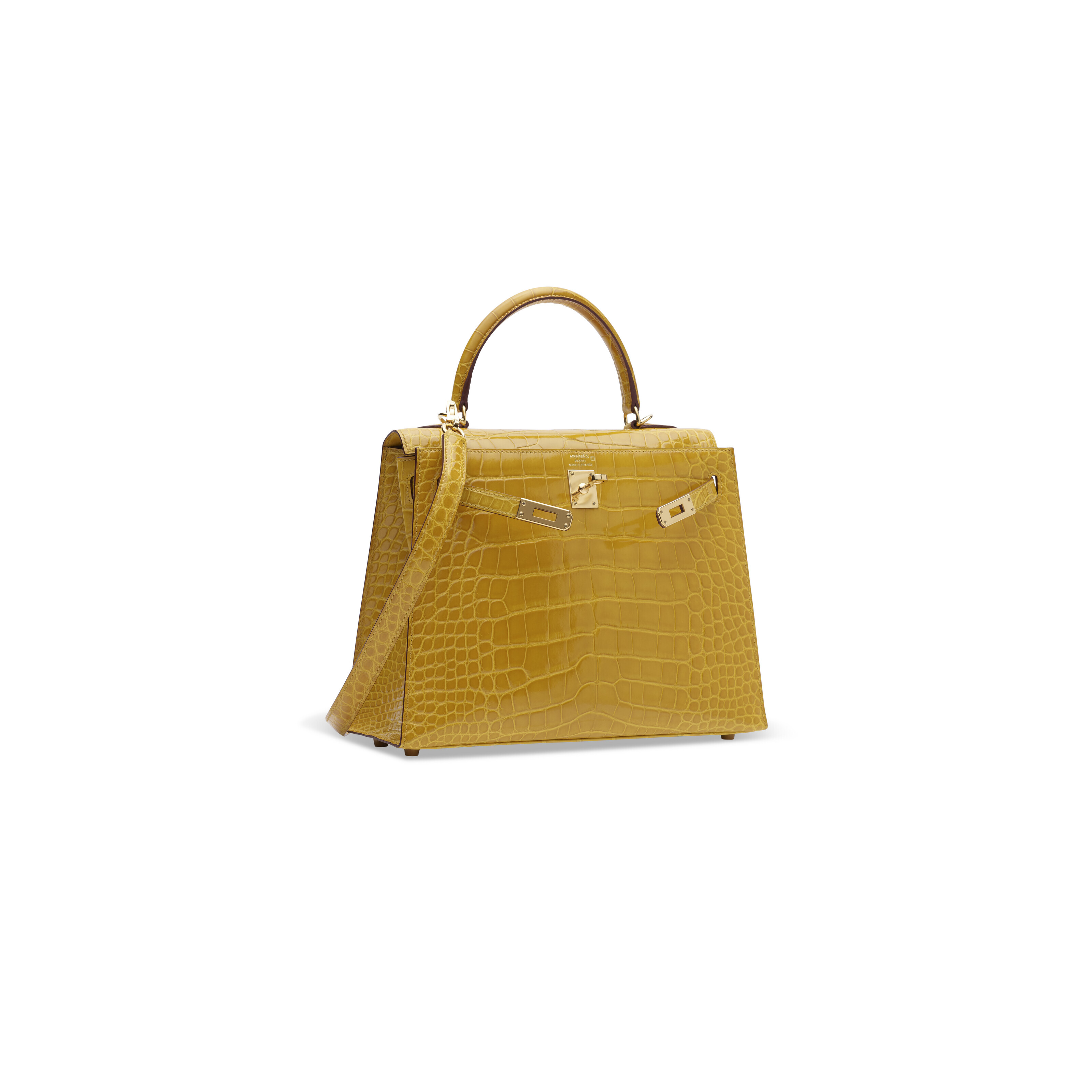A SHINY JAUNE AMBRE ALLIGATOR SELLIER KELLY 25 WITH GOLD HARDWARE