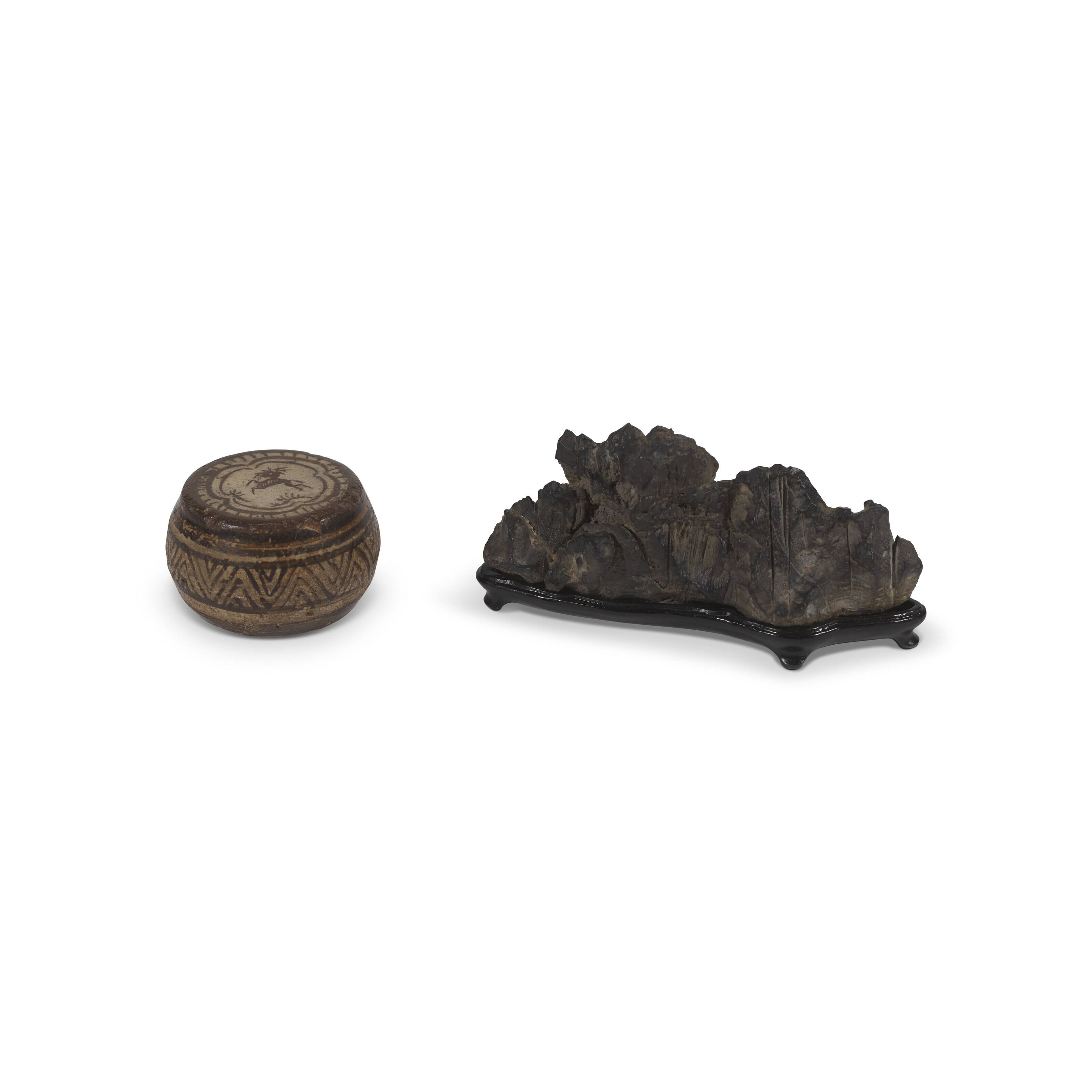 A MINIATURE SCHOLAR’S ROCK AND A JIZHOU ‘DEER’ PAPERWEIGHT, PAPERWEIGHT