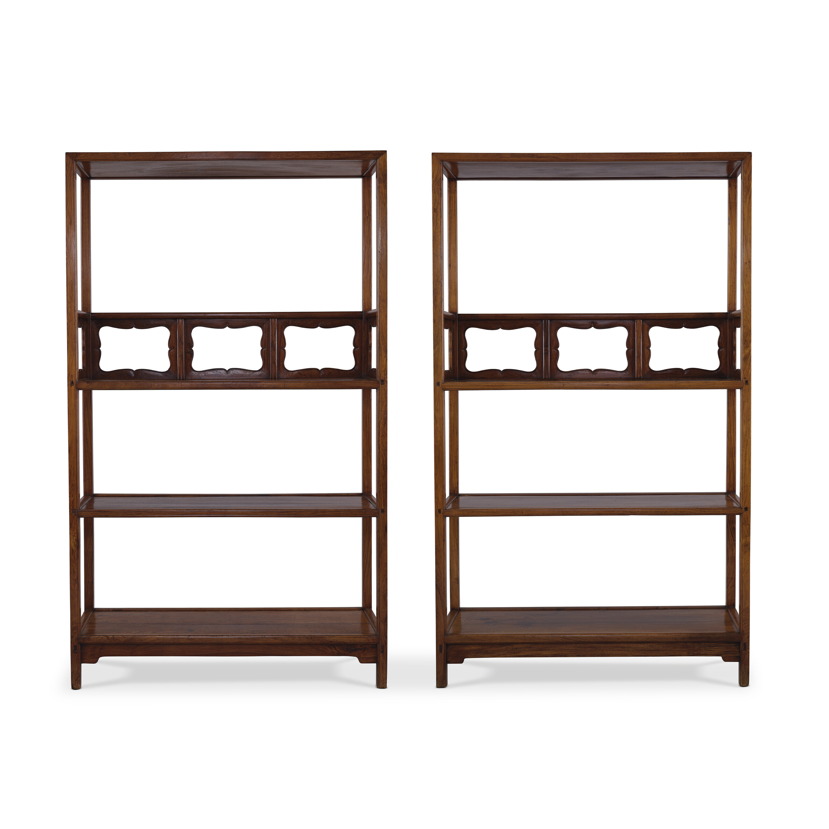 A pair of important and extremely rare huanghuali&nbsp; bookshelves, Jiage, 17th century. 173.9 cm (68&frac12; in) high. Sold for HK$11,265,000 on 30 May 2023 at Christie’s in Hong Kong