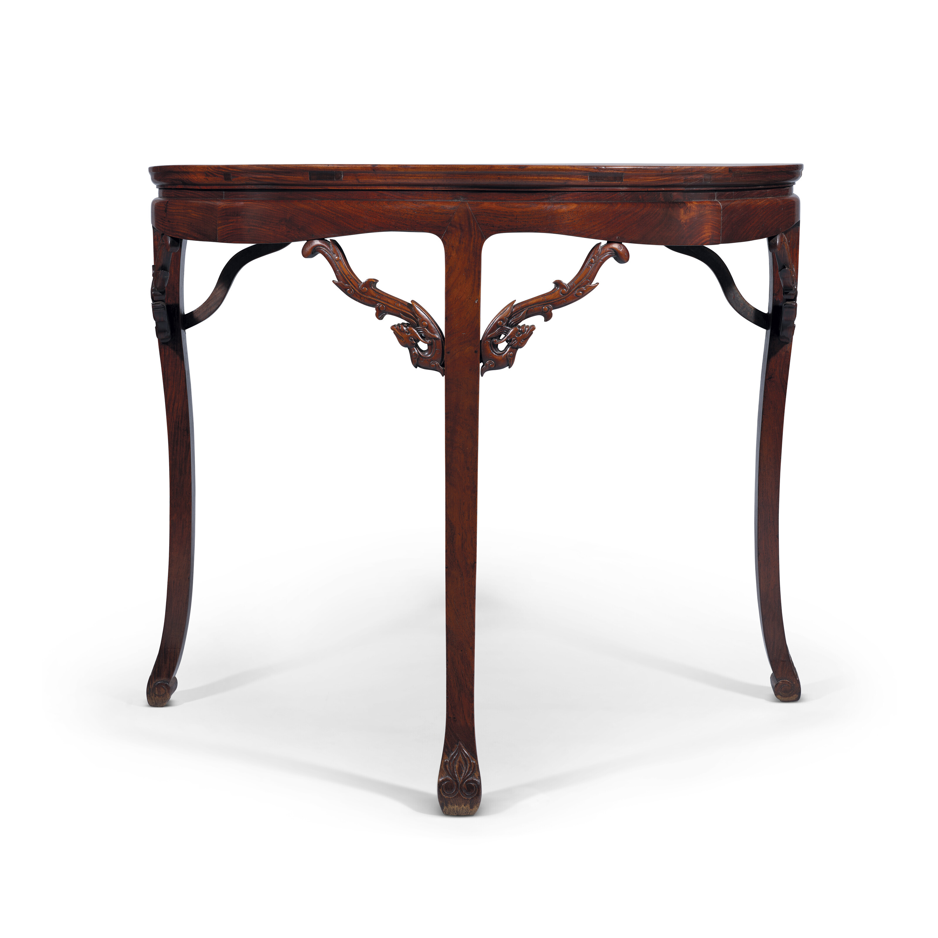 A very rare huanghuali&nbsp;demi-lune table, Yueyazhuo, Qing dynasty, 17th-18th century. 87.6 cm (34&frac14; in) high. Sold for HK$8,190,000 on 30 May 2023 at Christie’s in Hong Kong