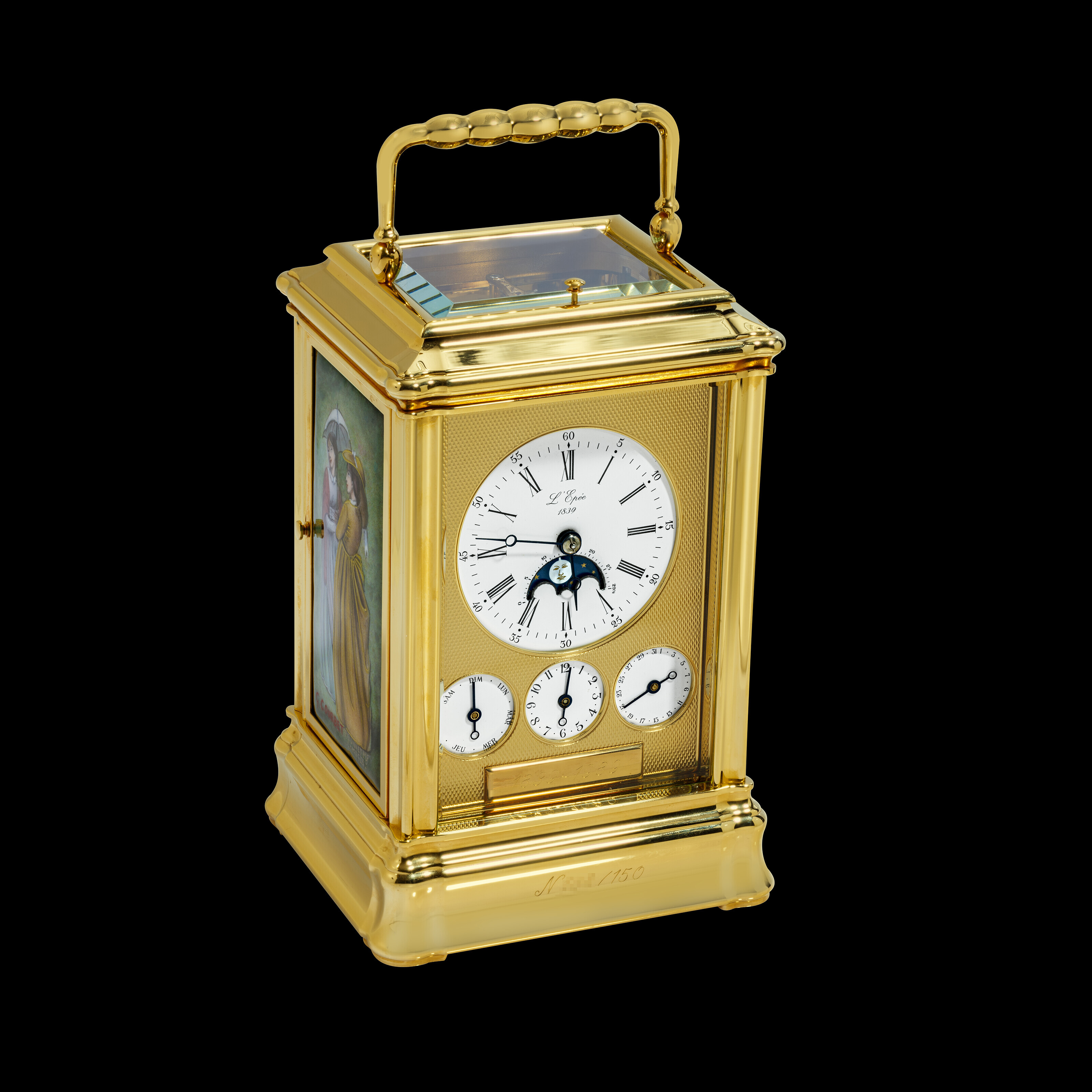 L'EPÉE 1839, LIMITED EDITION OF 150 PIECES, GILT CARRIAGE CLOCK WITH