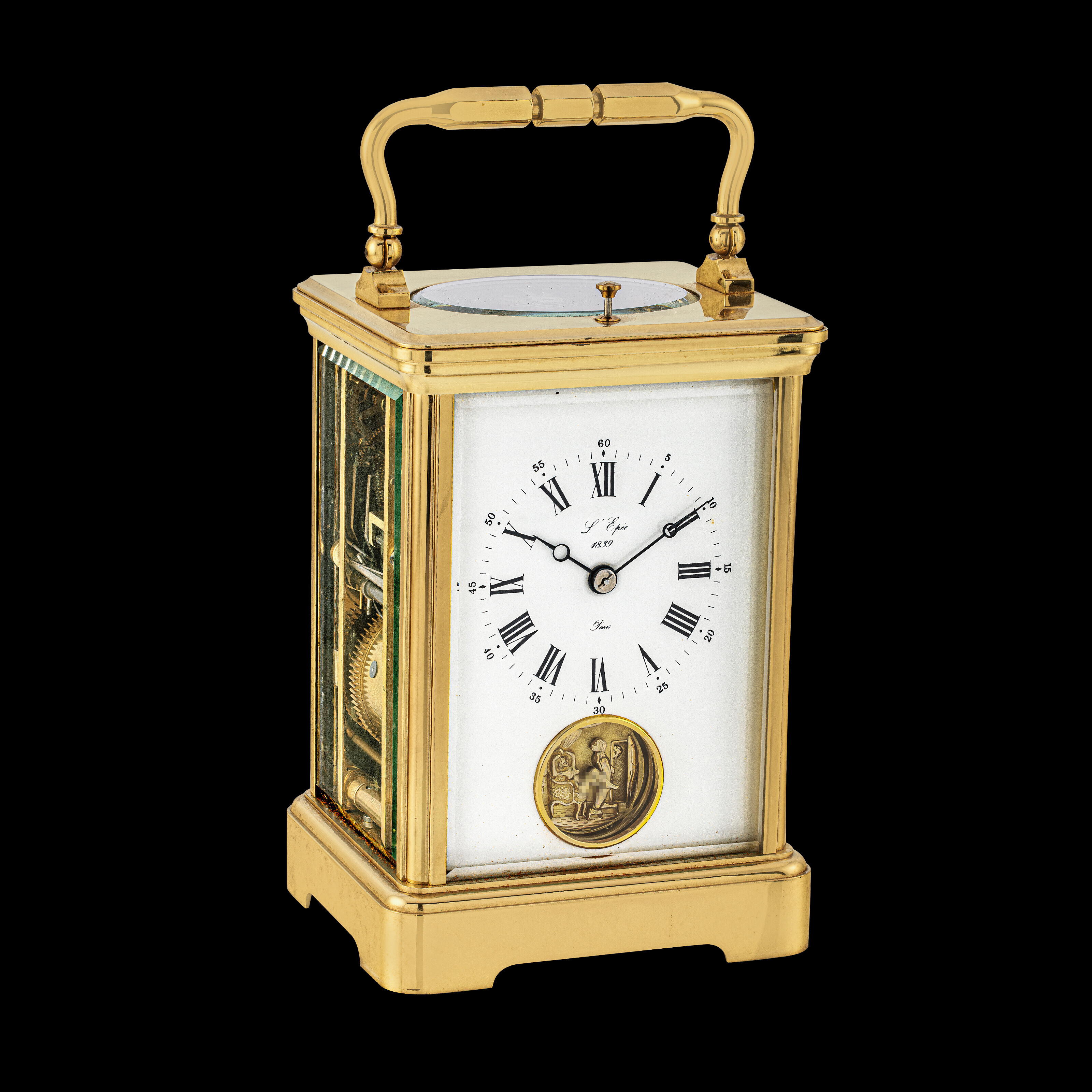 L'EPÉE 1839, GILT CARRIAGE CLOCK WITH EROTIC ENAMEL AND AUTOMATON