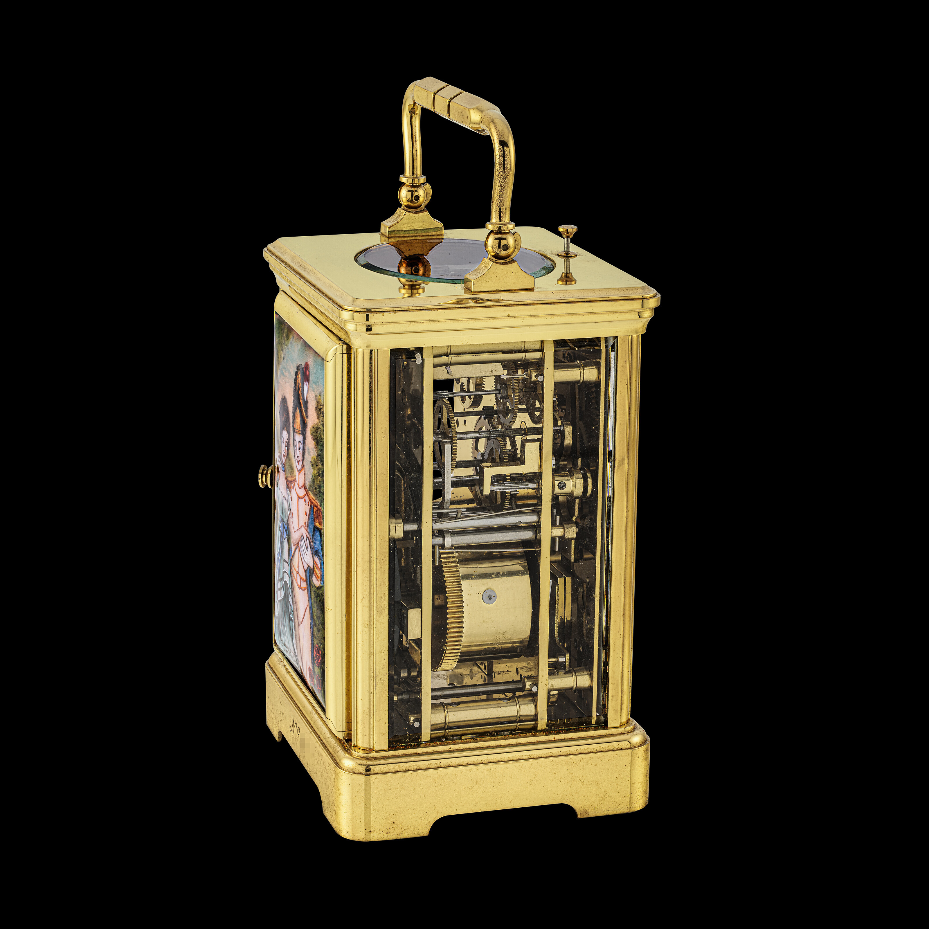 L'EPÉE 1839, GILT CARRIAGE CLOCK WITH EROTIC ENAMEL AND AUTOMATON