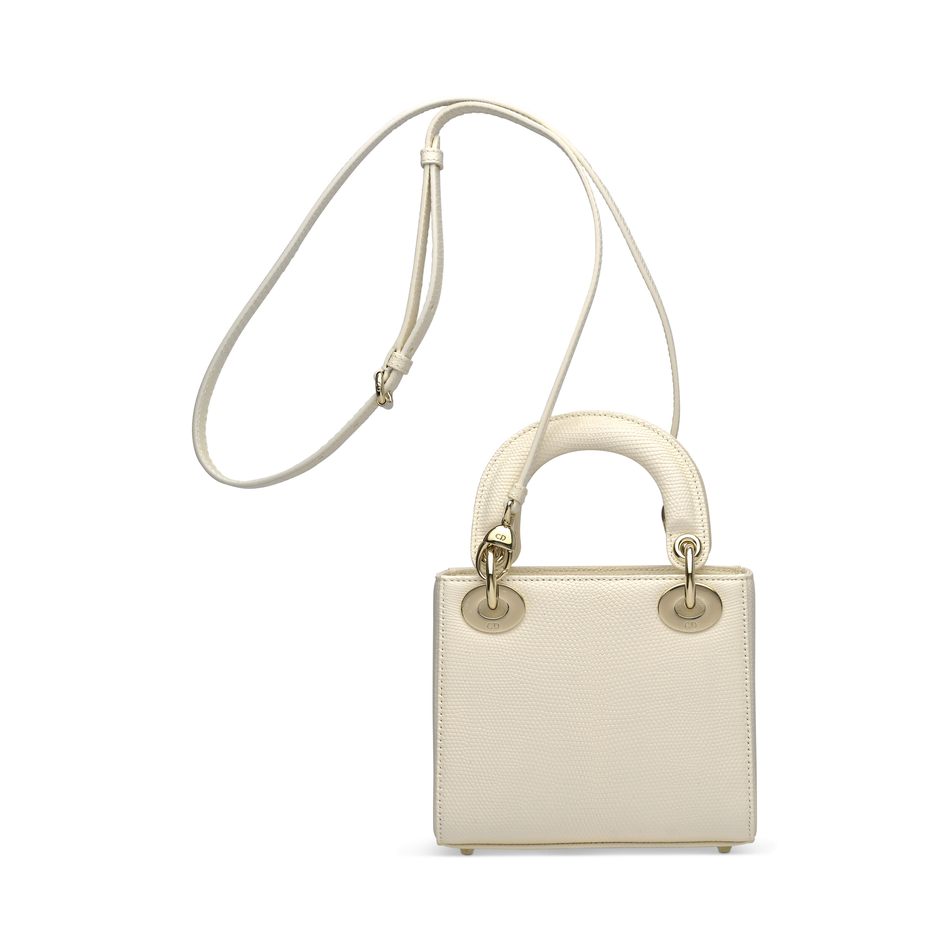 A SHINY WHITE LIZARD MINI LADY DIOR WITH LIGHT GOLD HARDWARE DIOR