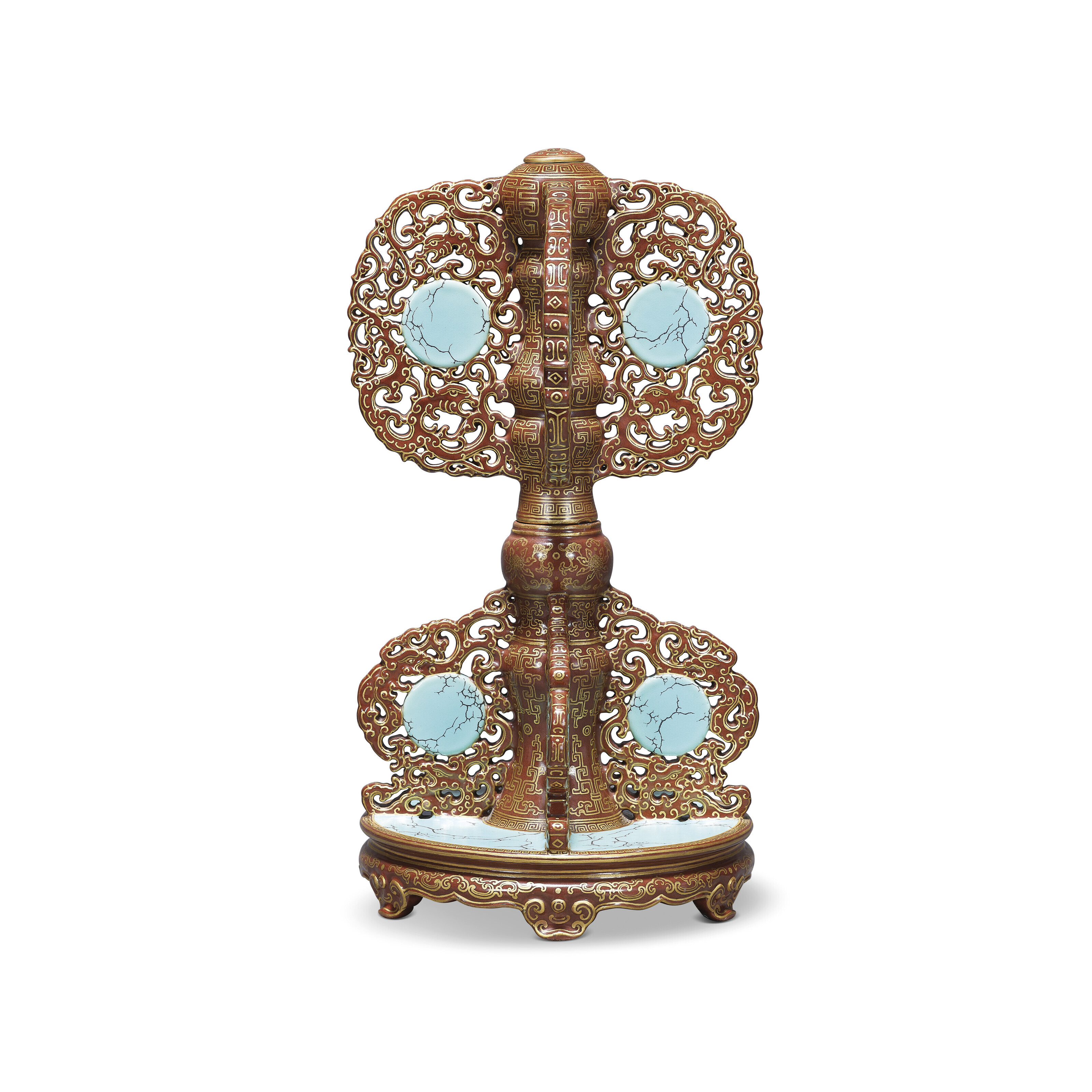 AN EXTREMELY RARE ENAMELLED AND GILT-DECORATED SIMULATED 'GOLD AND TURQUOISE-INLAID BRONZE' HAT STAND. QIANLONG GILT SIX-CHARACTER SEAL MARK AND OF THE PERIOD (1736-1795). 27.8 cm. (11 in.) high, zitan stand. Estimate: HK$5,000,000 &ndash; 8,000,000. Offered in The Imperial Palette - Three Qianlong Treasures on 30 May 2023 at Christie&rsquo;s in Hong Kong