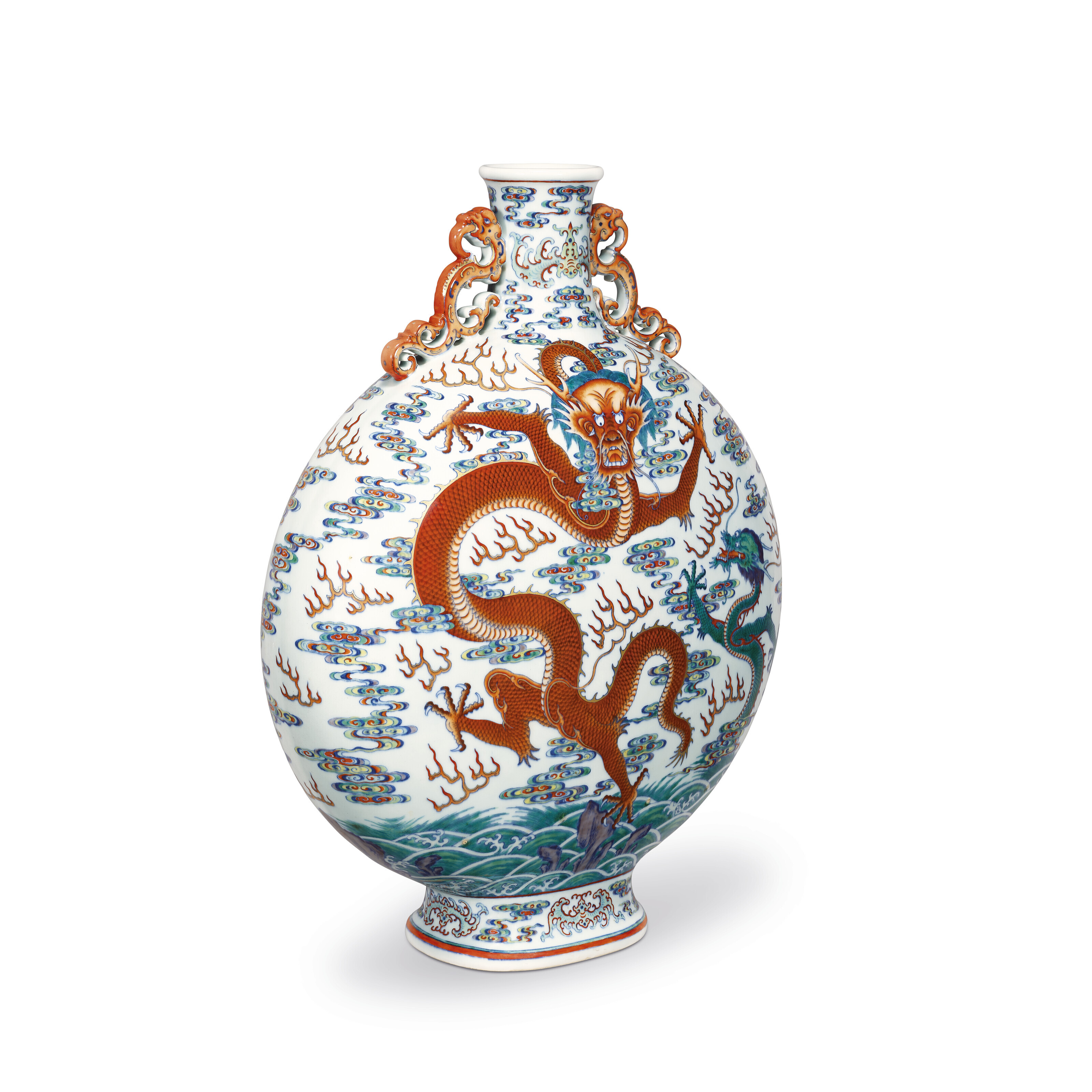 清乾隆鬥彩蒼龍教子圖夔龍耳抱月瓶六字篆書款, QIANLONG SIX