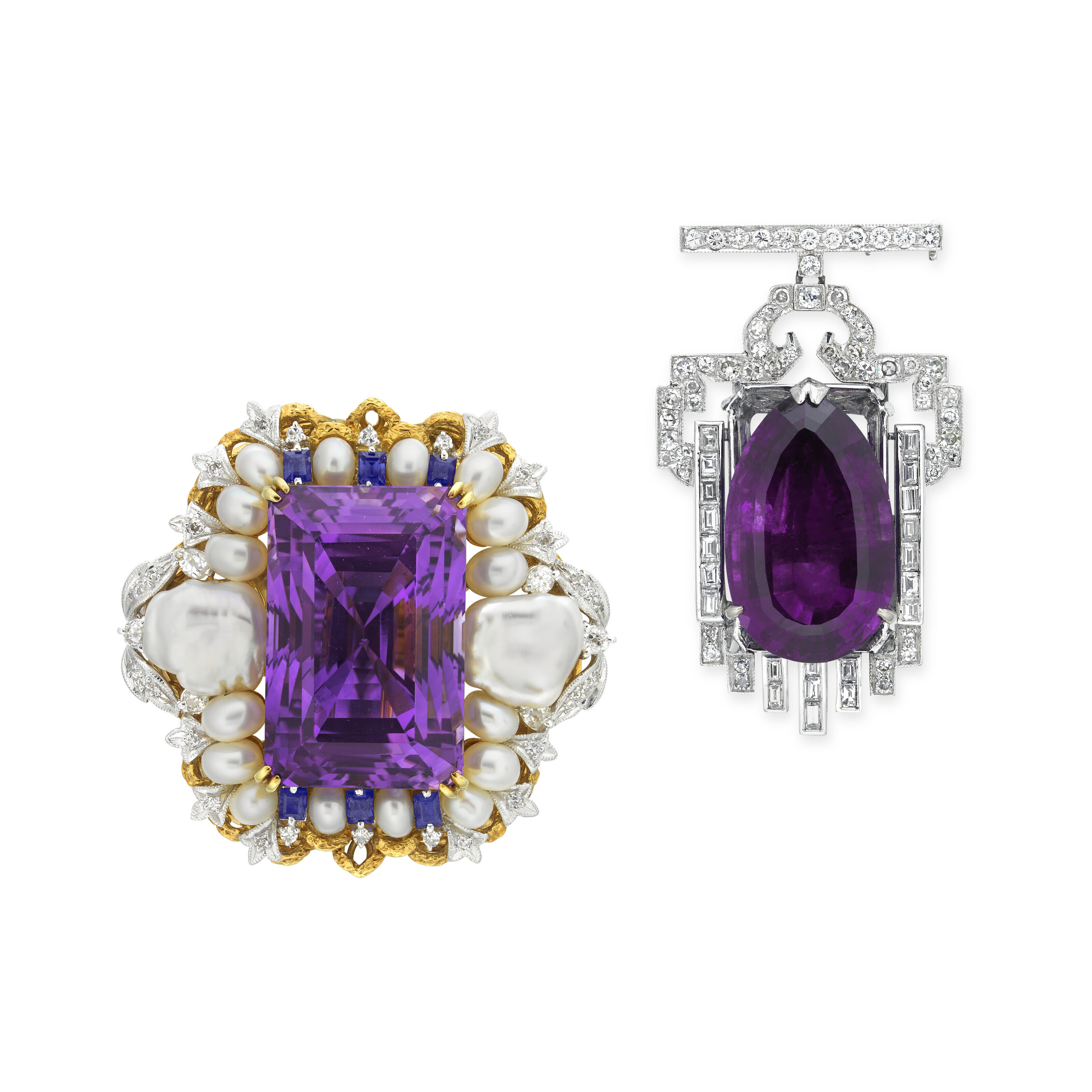 Catalog image of TWO AMETHYST AND DIAMOND BROOCHES