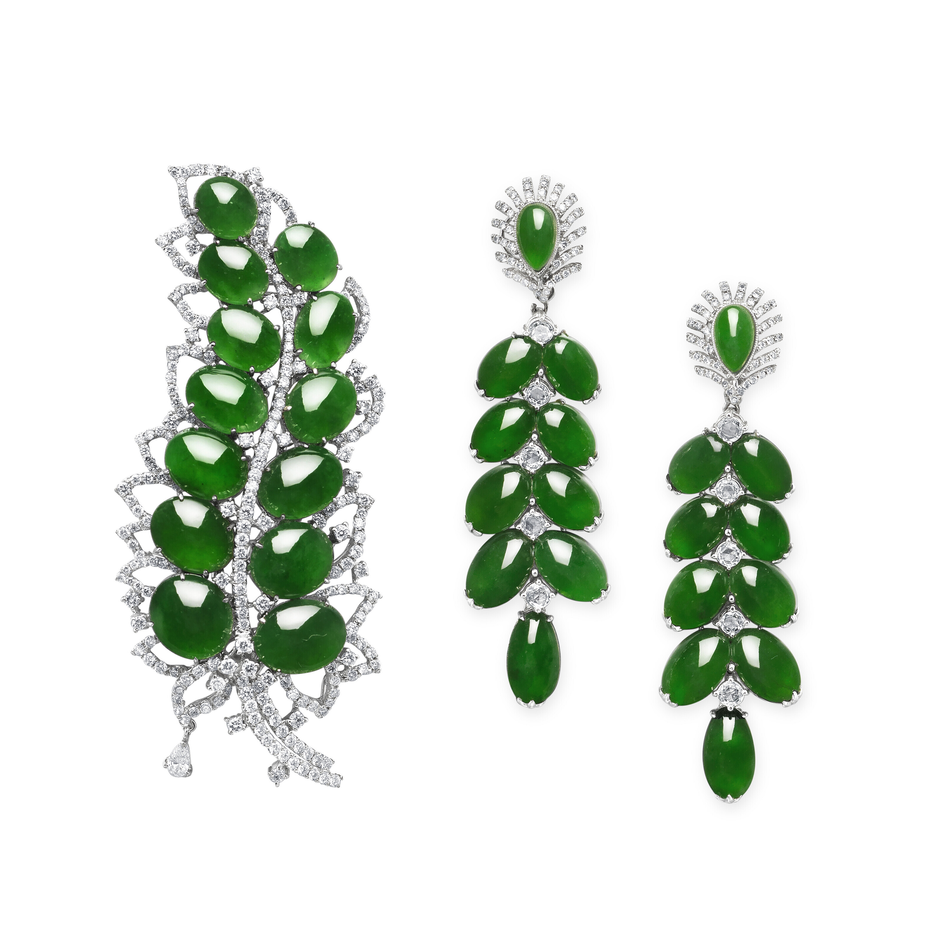 JADEITE AND DIAMOND BROOCH/PENDANT AND EARRINGS SET, Christie’s
