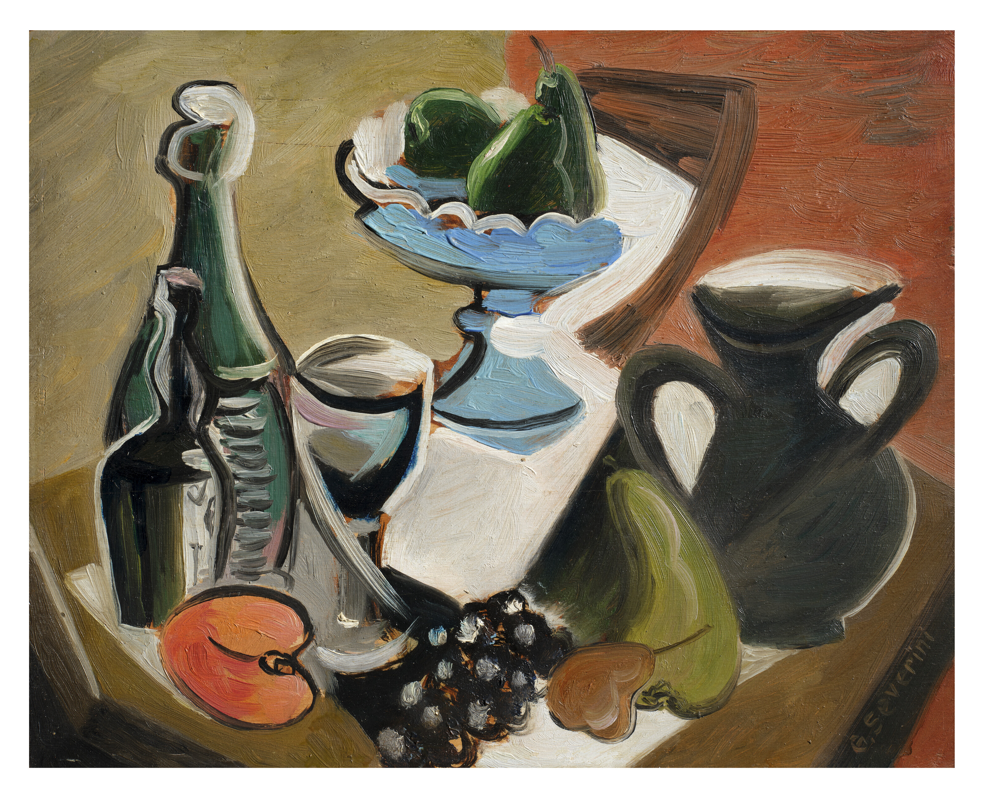 Gino Severini (1883-1966), Natura morta con uva e pere, 1942-43. Oil on board. 24 x 29.7 cm. Sold for €30,240 on 7 June 2023 at Christie’s Online