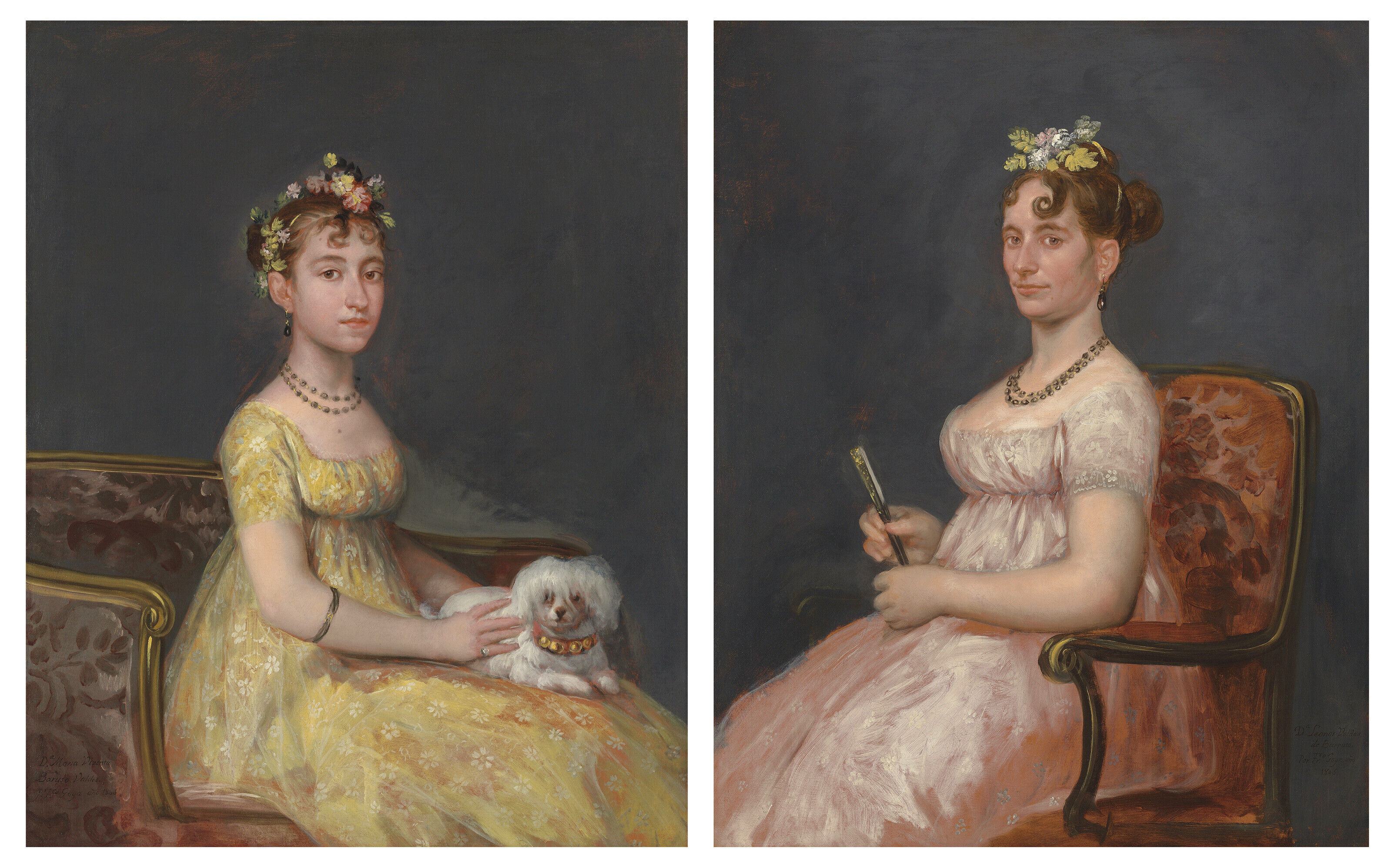 Portrait of Doña María Vicenta Barruso Valdés, seated on a sofa with a lap-dog; and Portrait of her mother Doña Leonora Antonia Valdés de Barruso, seated on a chair holding a fan