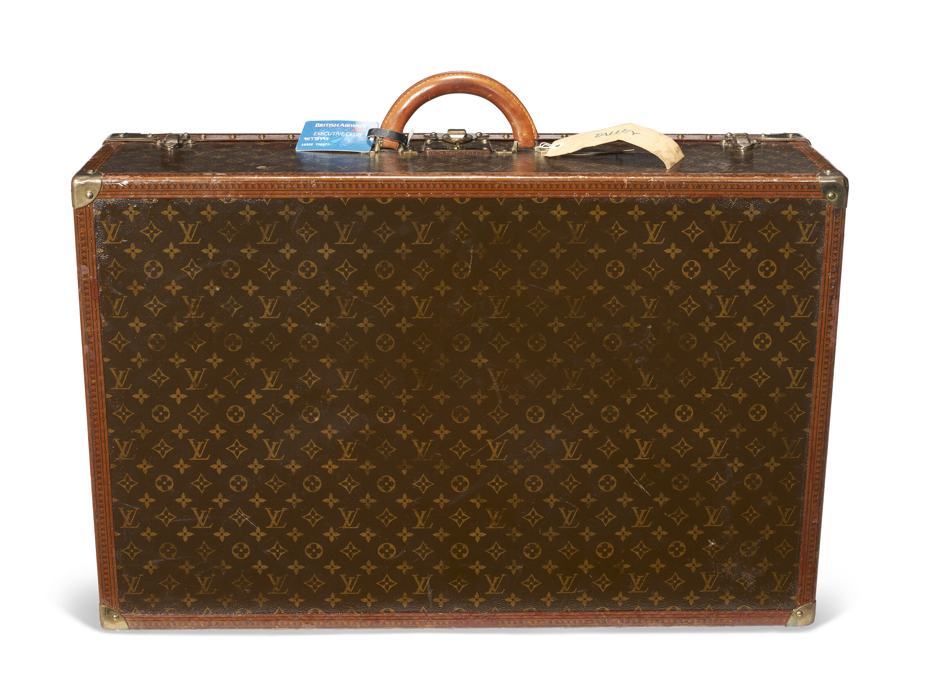 A SET OF THREE PERSONALIZED BROWN MONOGRAM LACQUERED CANVAS