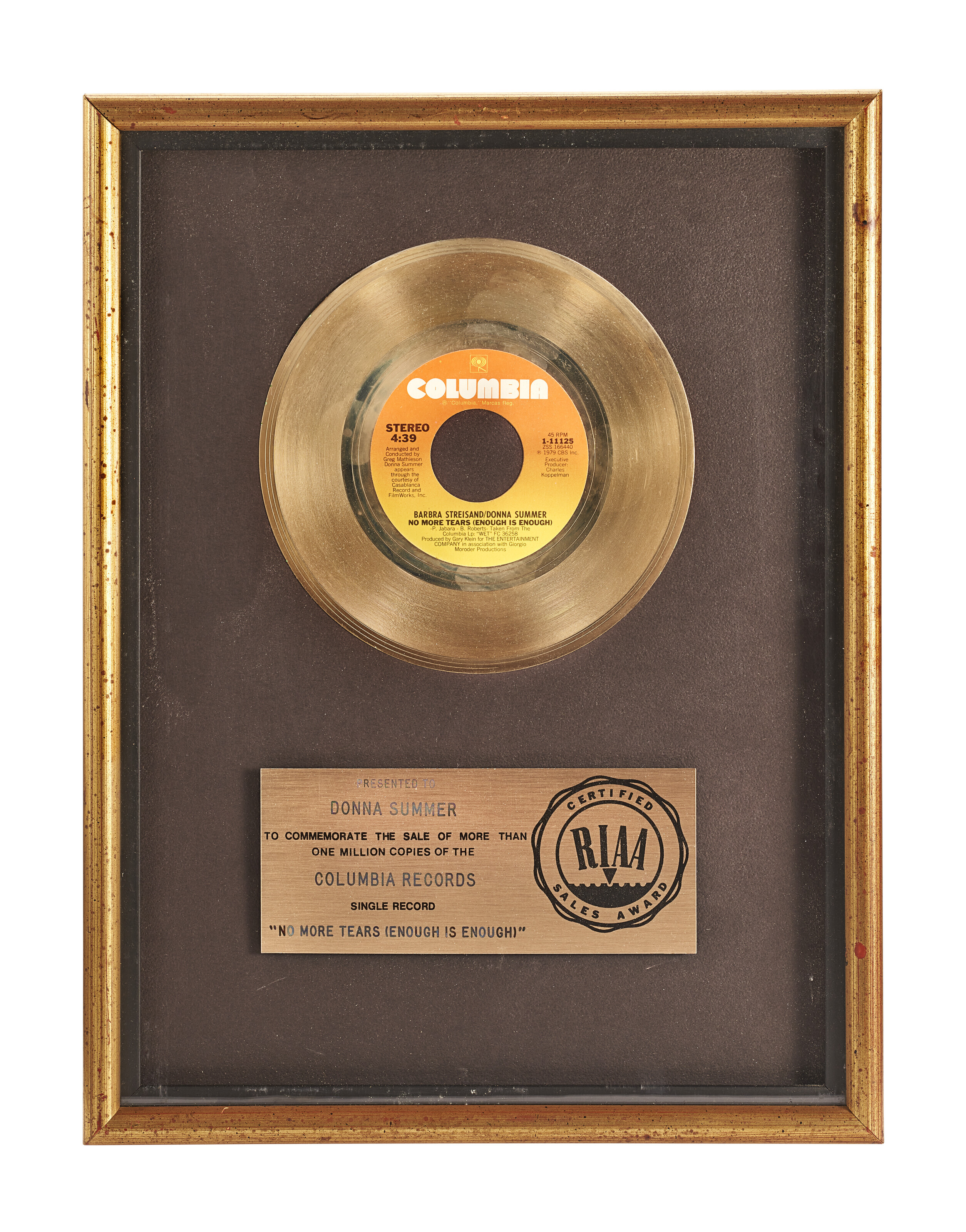 RIAA GOLD RECORD AWARD ISSUED TO DONNA SUMMER FOR 'NO MORE TEARS