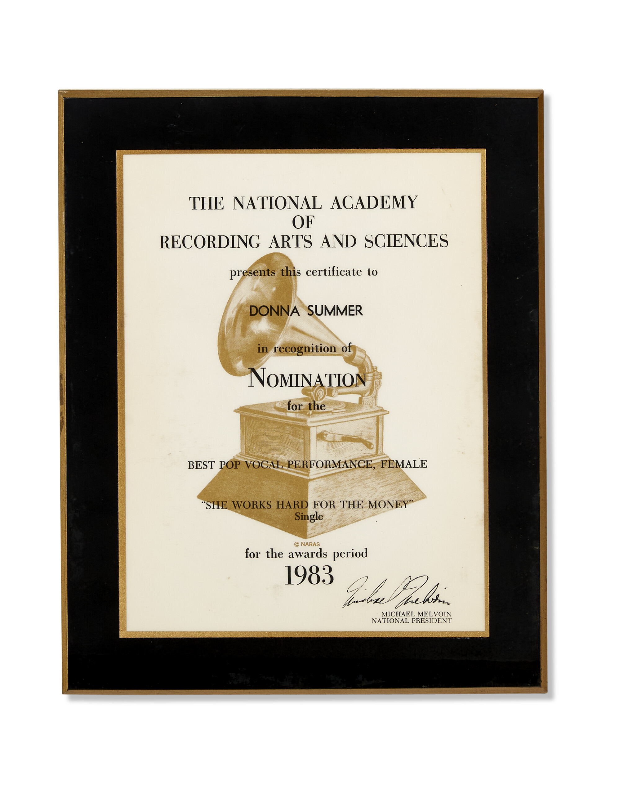 GRAMMY AWARD NOMINATION CERTIFICATE PRESENTED TO DONNA SUMMER, 1983