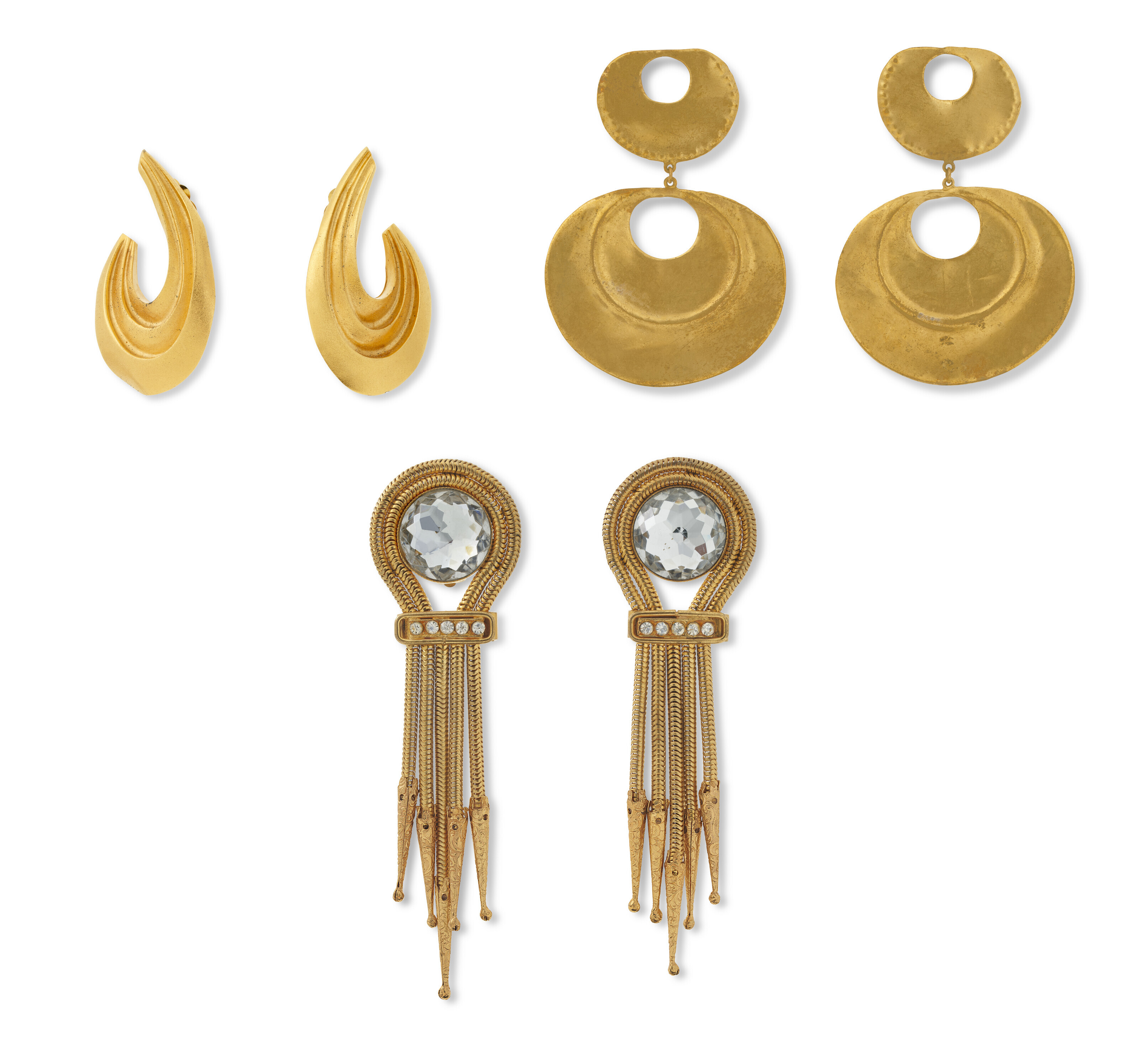 THREE PAIRS OF GOLDTONE METAL COSTUME JEWELRY EARRINGS, CIRCA 2010