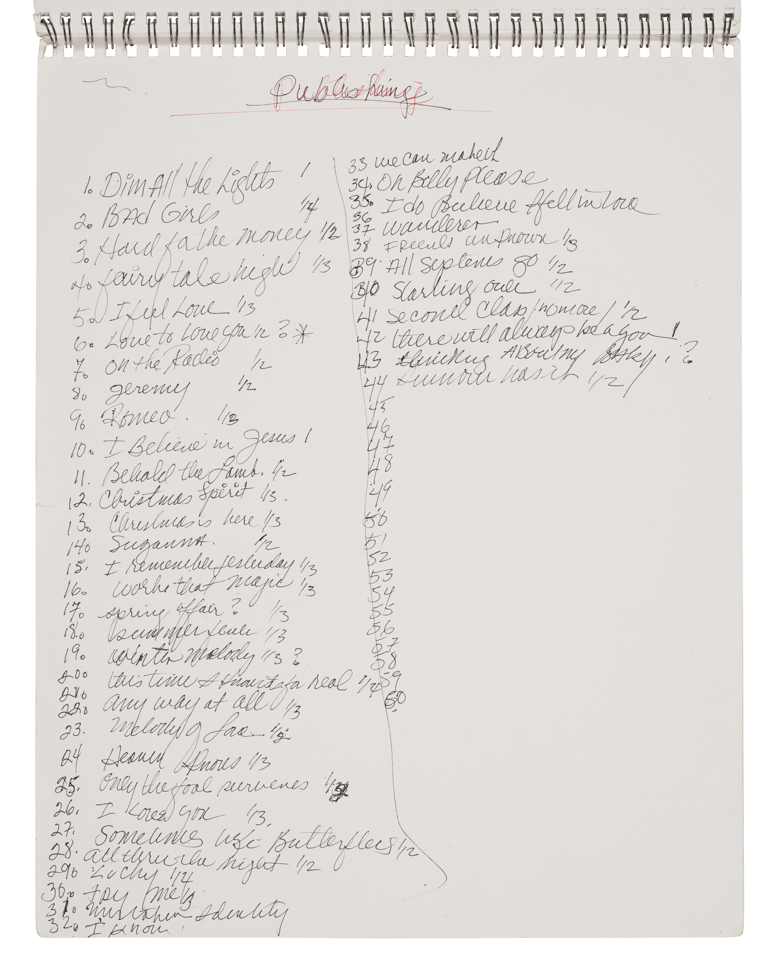 MANUSCRIPT NOTEBOOK WITH SKETCHES, LYRICS AND A LIST OF HER SONGS ...