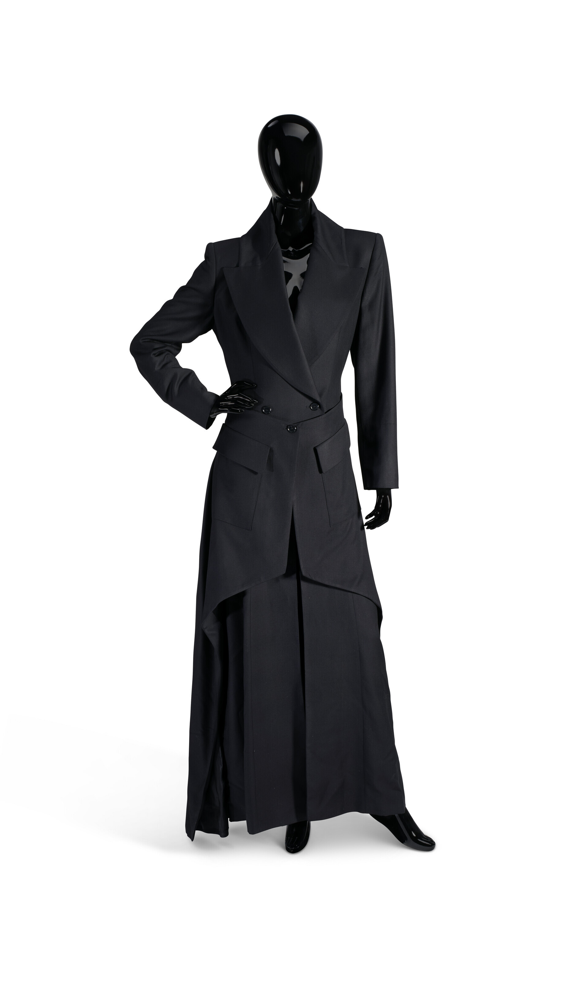 A BLACK SATIN-LINED WOOL DOUBLE-BREASTED LONG COAT, ALEXANDER