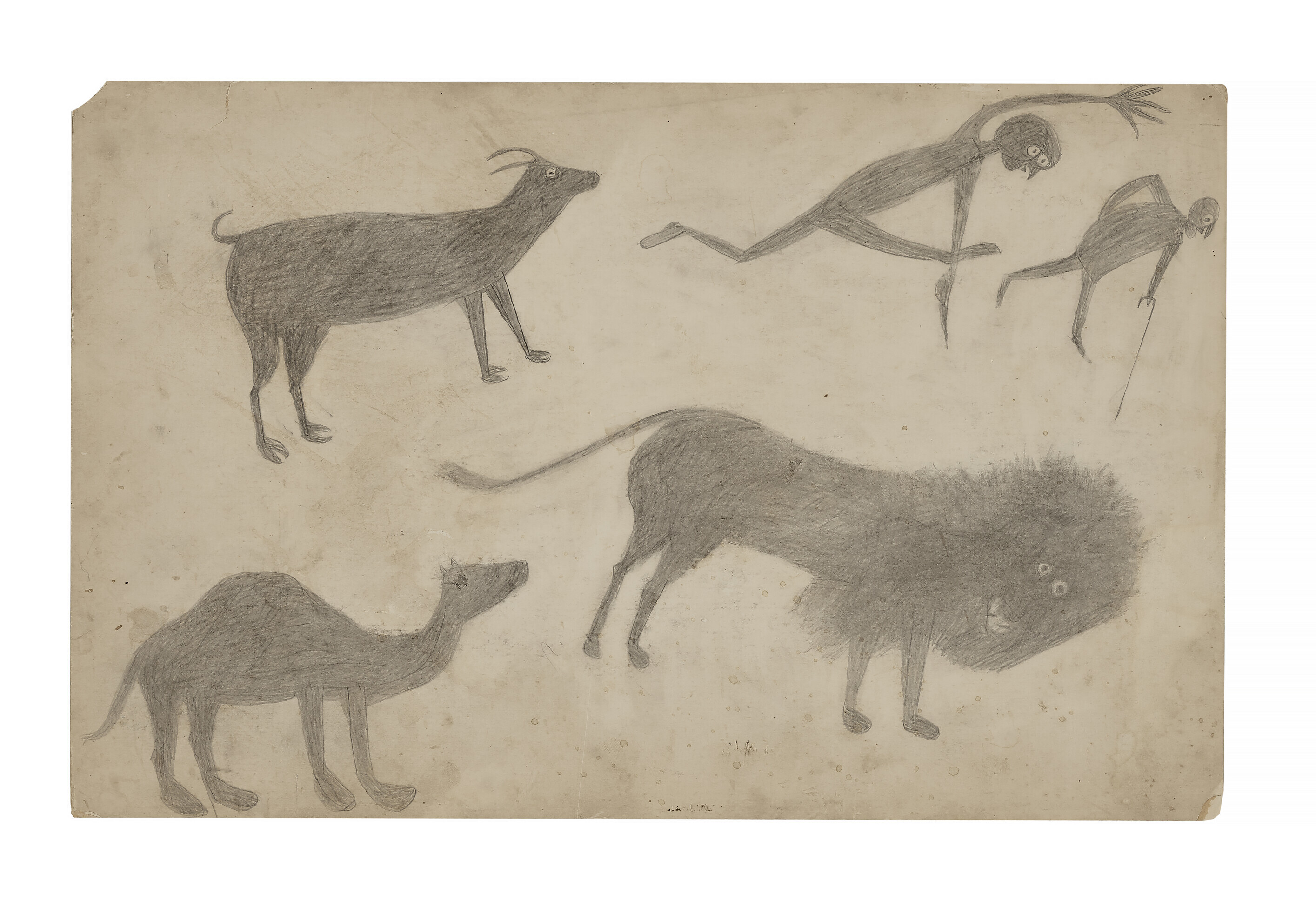 Bill Traylor (circa 1853-1949), Goat, Camel, Lion and Figures, circa 1939. Graphite on repurposed card.
14 x 22 in. Sold for $252,000 in Outsider and Vernacular Art on 18 January 2023 at Christie&rsquo;s in New York