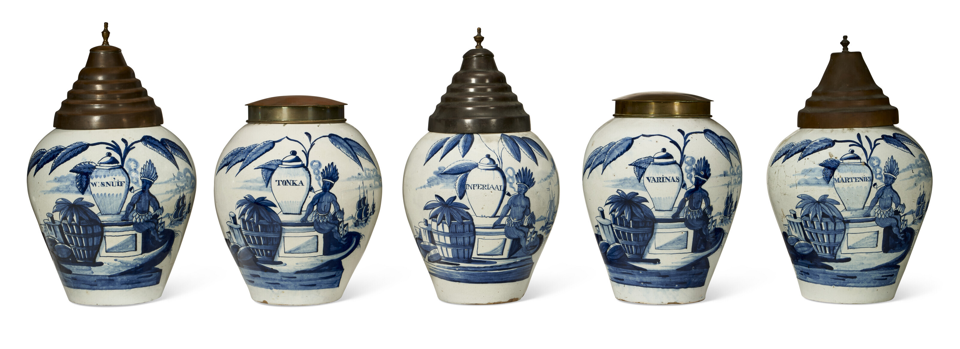 blue and white tobacco jars FIVE DUTCH DELFT BLUE AND WHITE TOBACCO JARS WITH BRASS COVERS, 18TH  CENTURY, WITH BLUE ARROW MARKS FOR DE 3 KLOKKEN, THE COVERS POSSIBLY LATER