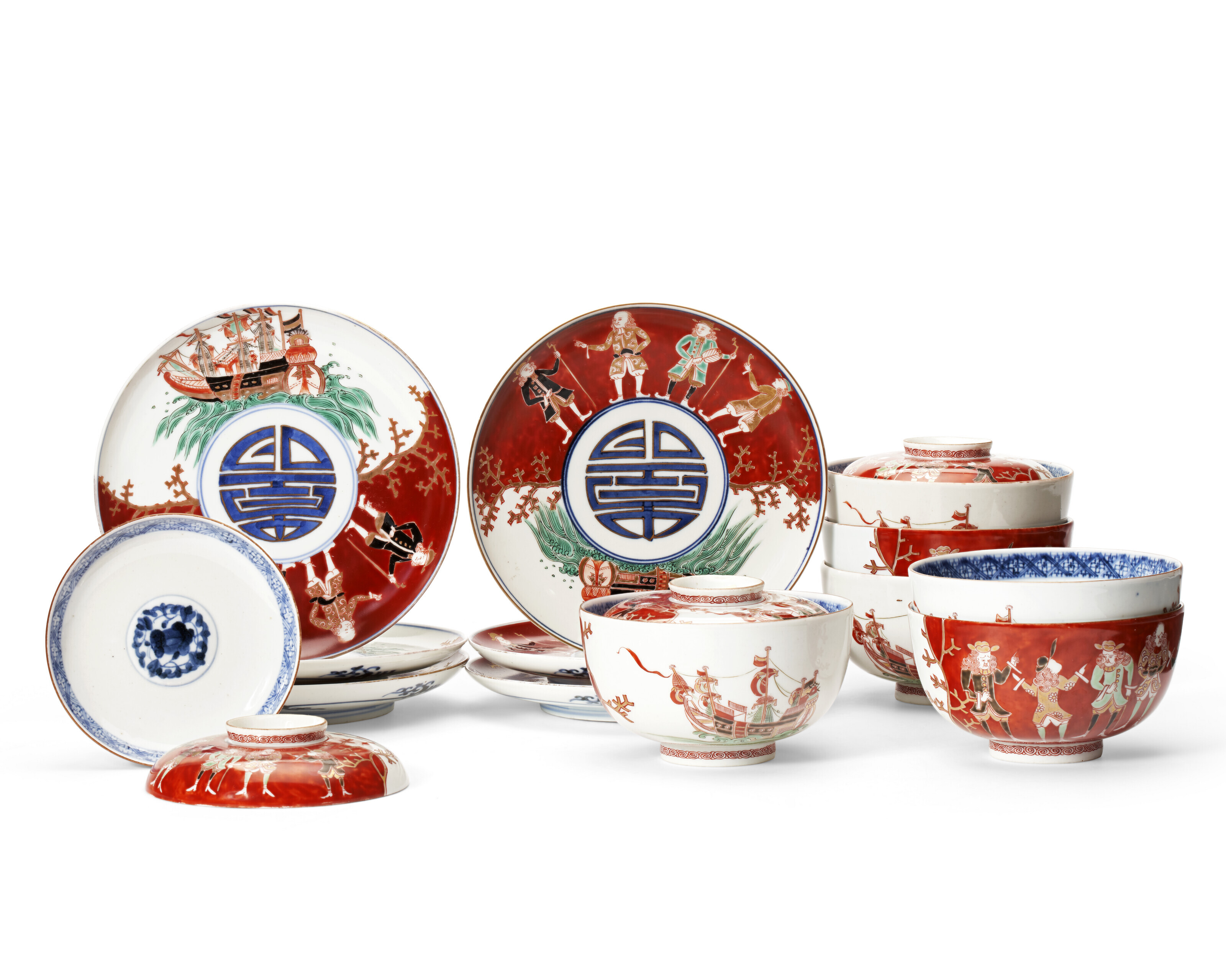 A SET OF JAPANESE EXPORT PORCELAIN IMARI RICE BOWLS, COVERS AND STANDS, LATE 19TH/20TH CENTURY