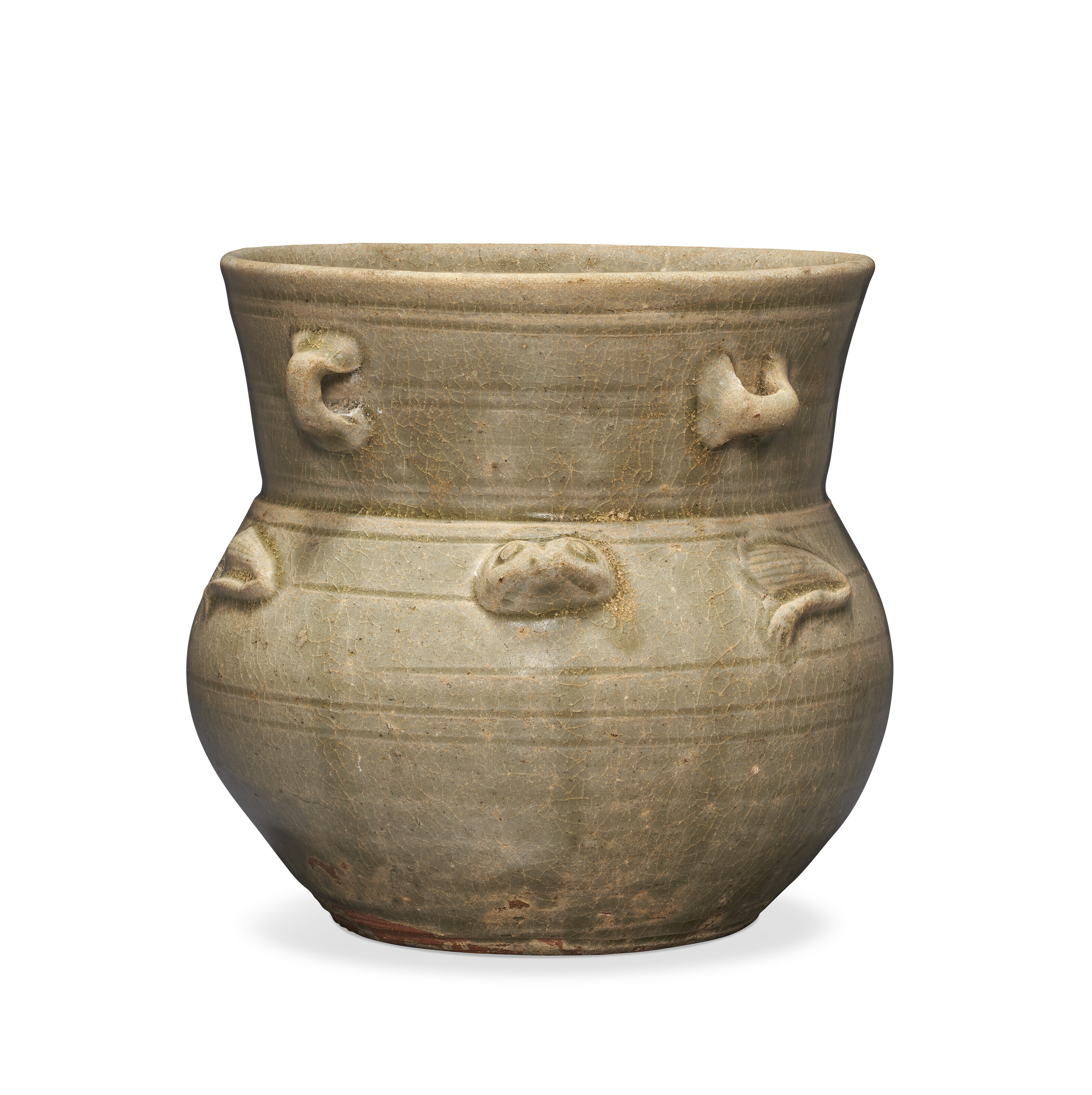 中國東晉越窯青釉堆塑蛙紋四繫罐, CHINA, EASTERN JIN DYNASTY (AD 317