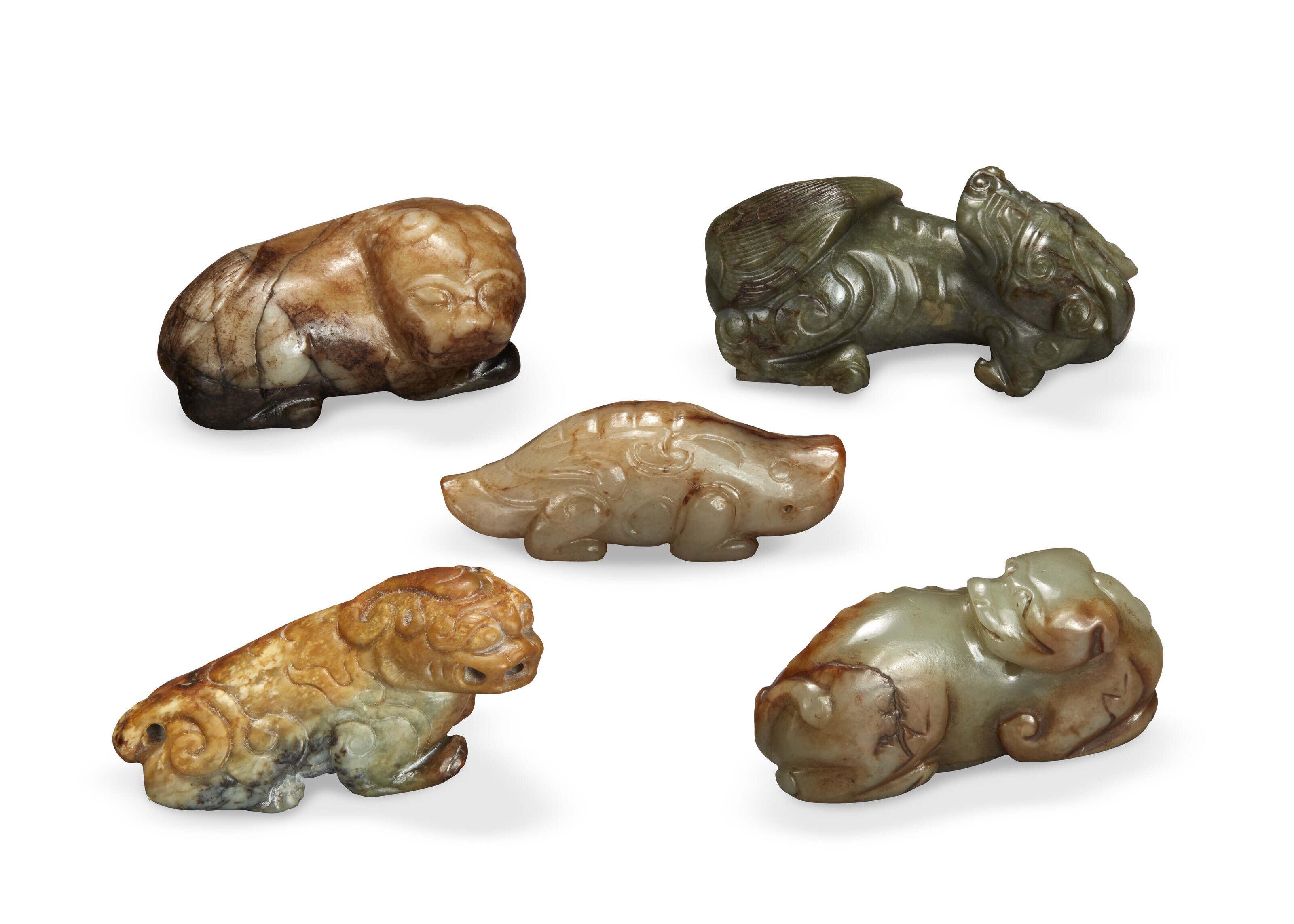 FIVE JADE CARVINGS OF MYTHICAL BEASTS, CHINA, MINGQING DYNASTY (1368