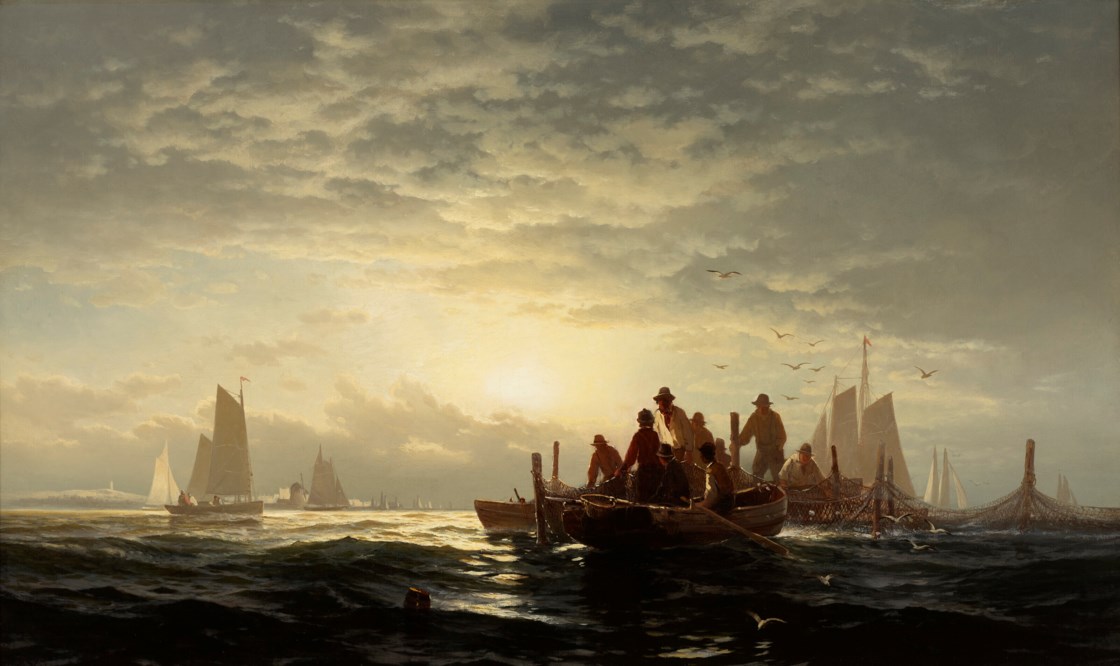 EDWARD MORAN (1829-1901), Lifting the Fish Pound, Orient Bay, Long ...