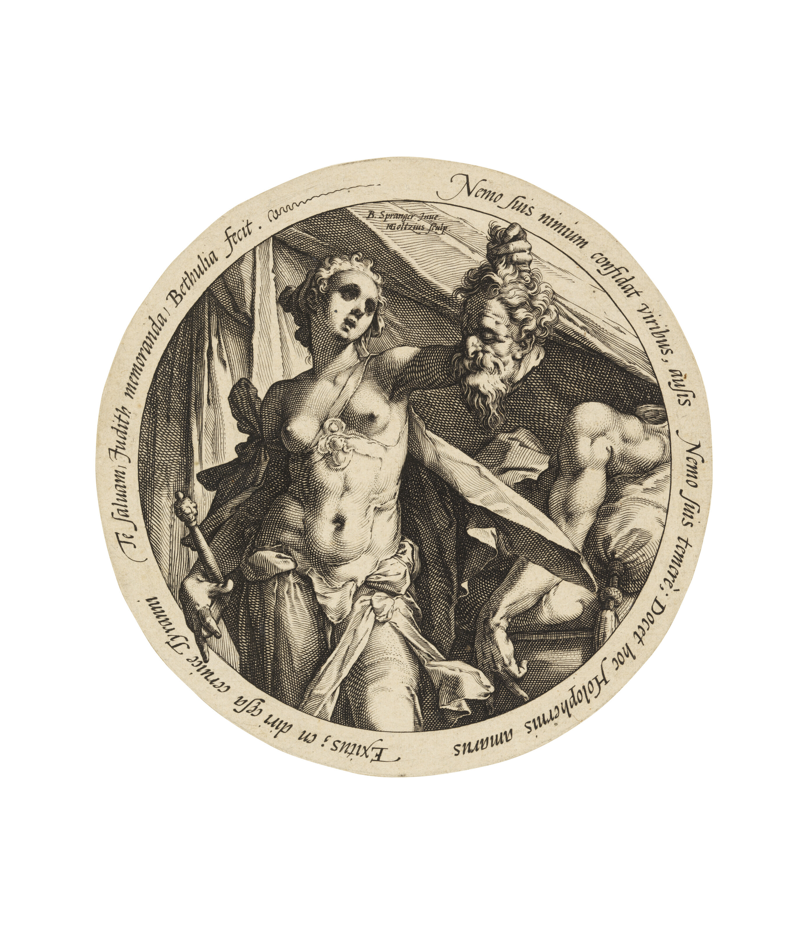 Hendrick Goltzius (1558-1617) after Bartholomeus Spranger (1546-1611), Judith with the Head of Holofernes, c. 1586-87. Engraving on laid paper. Plate: 170 mm (diameter); album sheet: 245 x 208 mm. Estimate: $3,000-5,000. Offered in Old Master and 19th Century Prints on 24 January 2023 at Christie&rsquo;s in New York