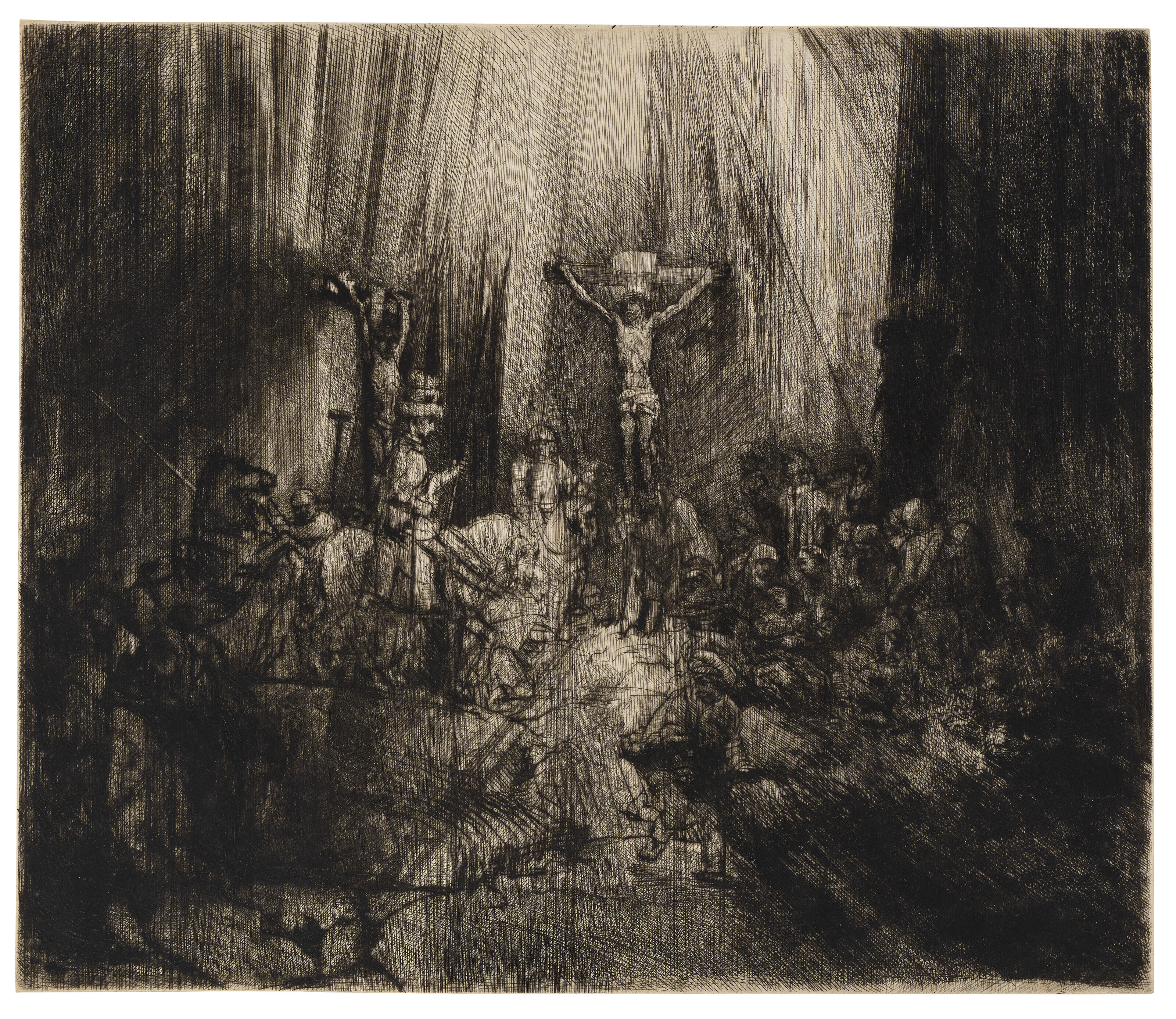 Rembrandt Harmensz. Van Rijn (1606-1669), Christ crucified between two Thieves ‘The Three Crosses,’ 1653. Drypoint on laid paper. Plate 385 x 451 mm; sheet 388 x 452 mm. Estimate