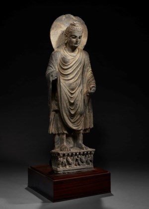 A LARGE AND IMPORTANT GREY SCHIST FIGURE OF BUDDHA SHAKYAMUNI, ANCIENT ...