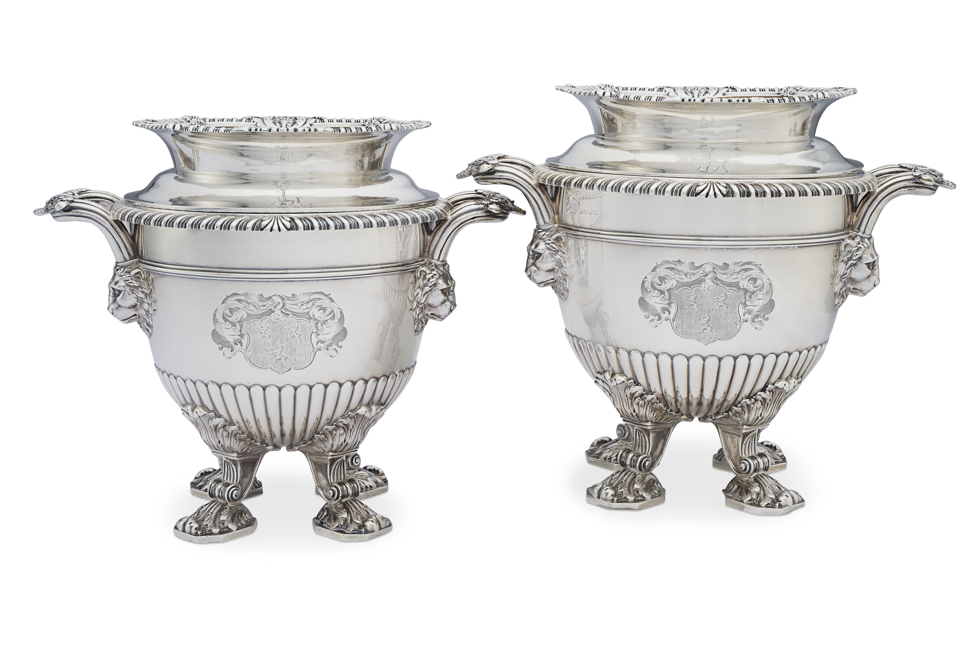 A PAIR OF REGENCY SILVER WINE COOLERS, LINERS AND COLLARS, MARK OF PAUL