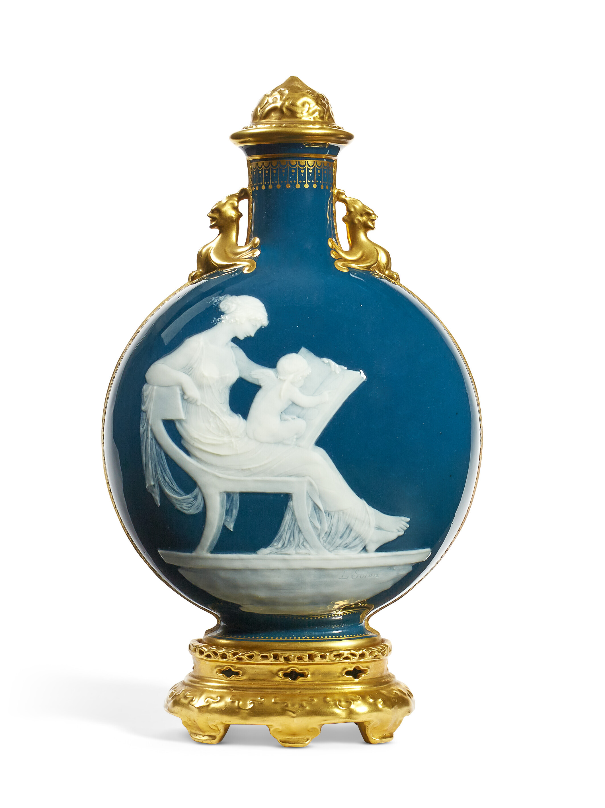 A Minton p&acirc;te-sur-p&acirc;te teal pilgrim flask and cover on fixed stand, 1895. 9⅞ in (25.1 cm) high, overall. Estimate: $10,000-15,000. Offered in The Collector: New York, 4-19 April 2023 at Christie&rsquo;s Online