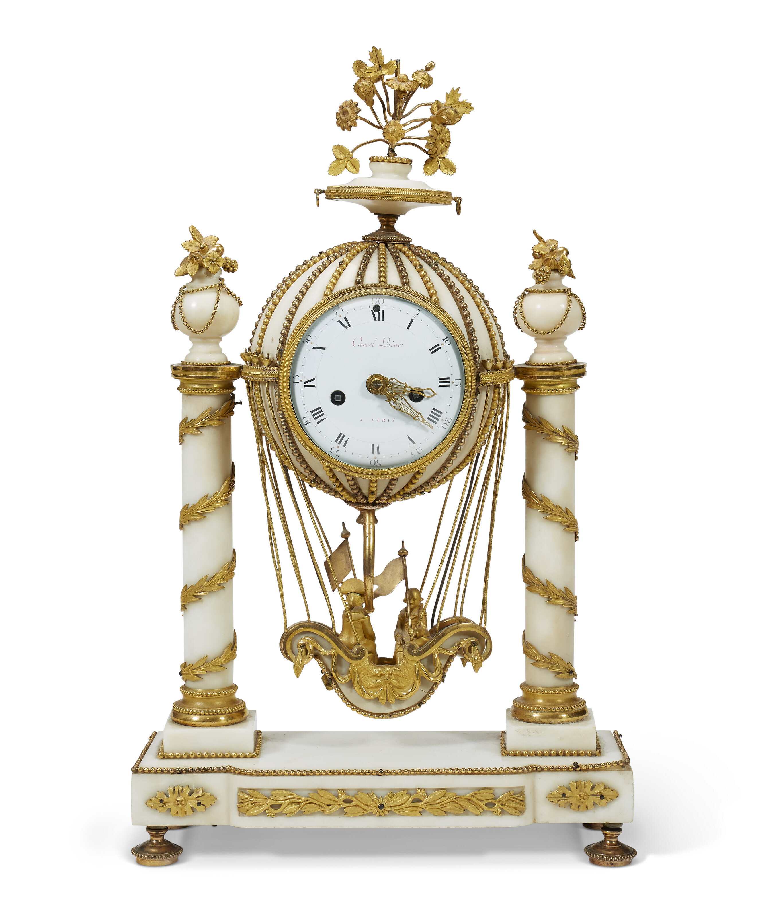 A LOUIS XVI ORMOLU-MOUNTED WHITE MARBLE MANTEL CLOCK 'PENDULE A LA